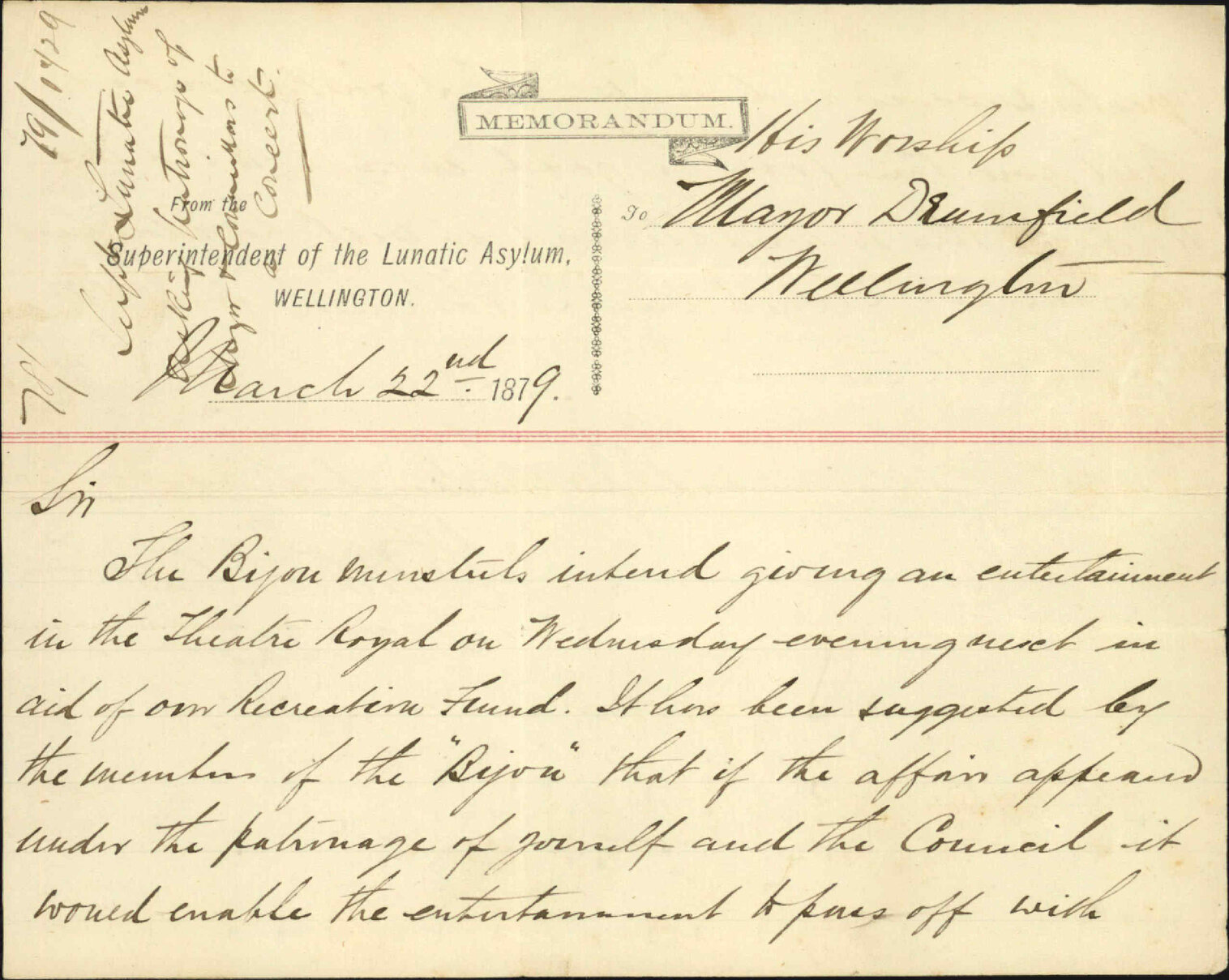Re invite to Mayor to attend a charity entertainment at the lunatic asylum - Superintendent of the Lunatic Asylum