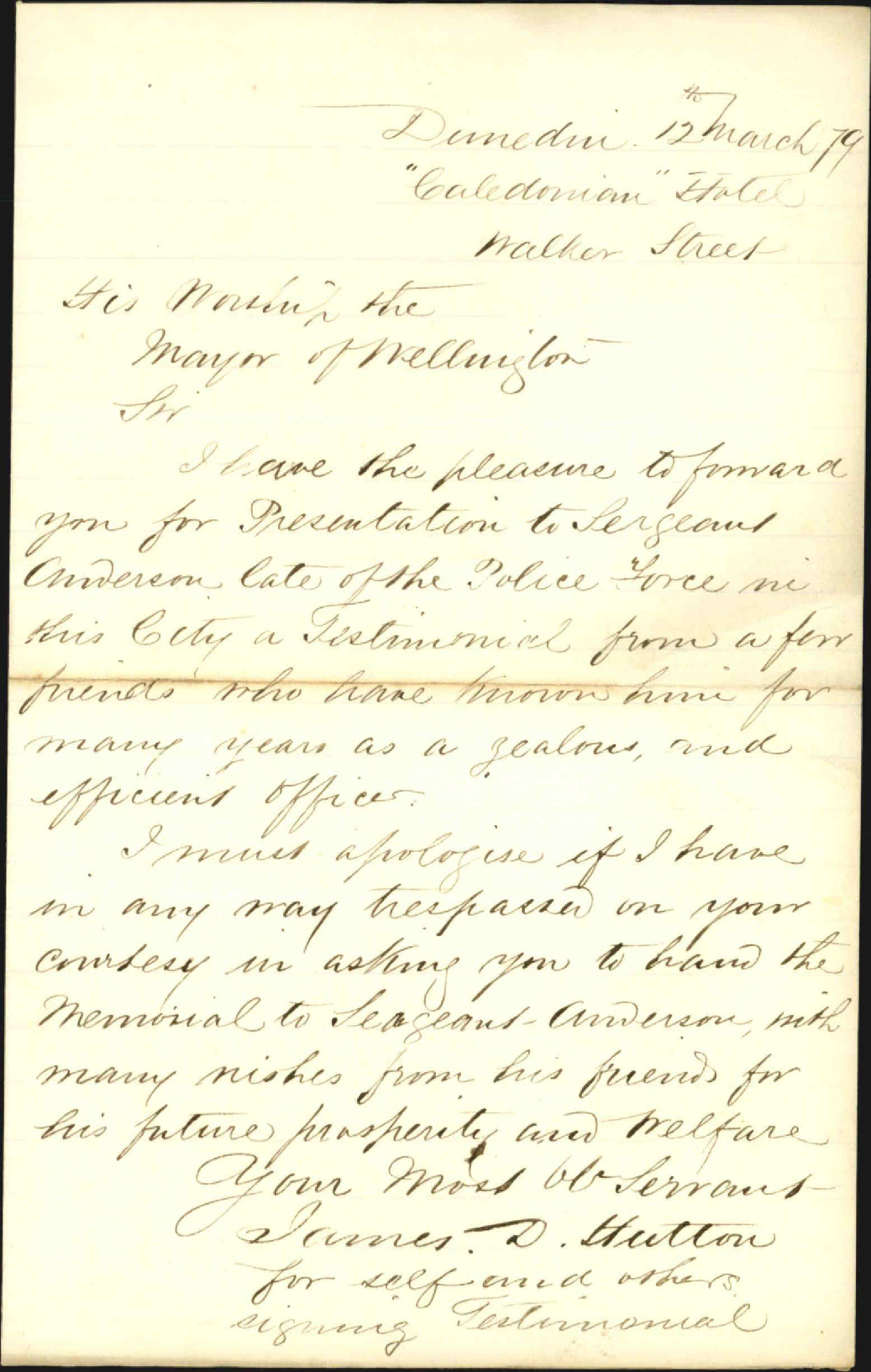 Re testimonial for Sergeant Anderson, ex Dunedin police officer - James D Hutton