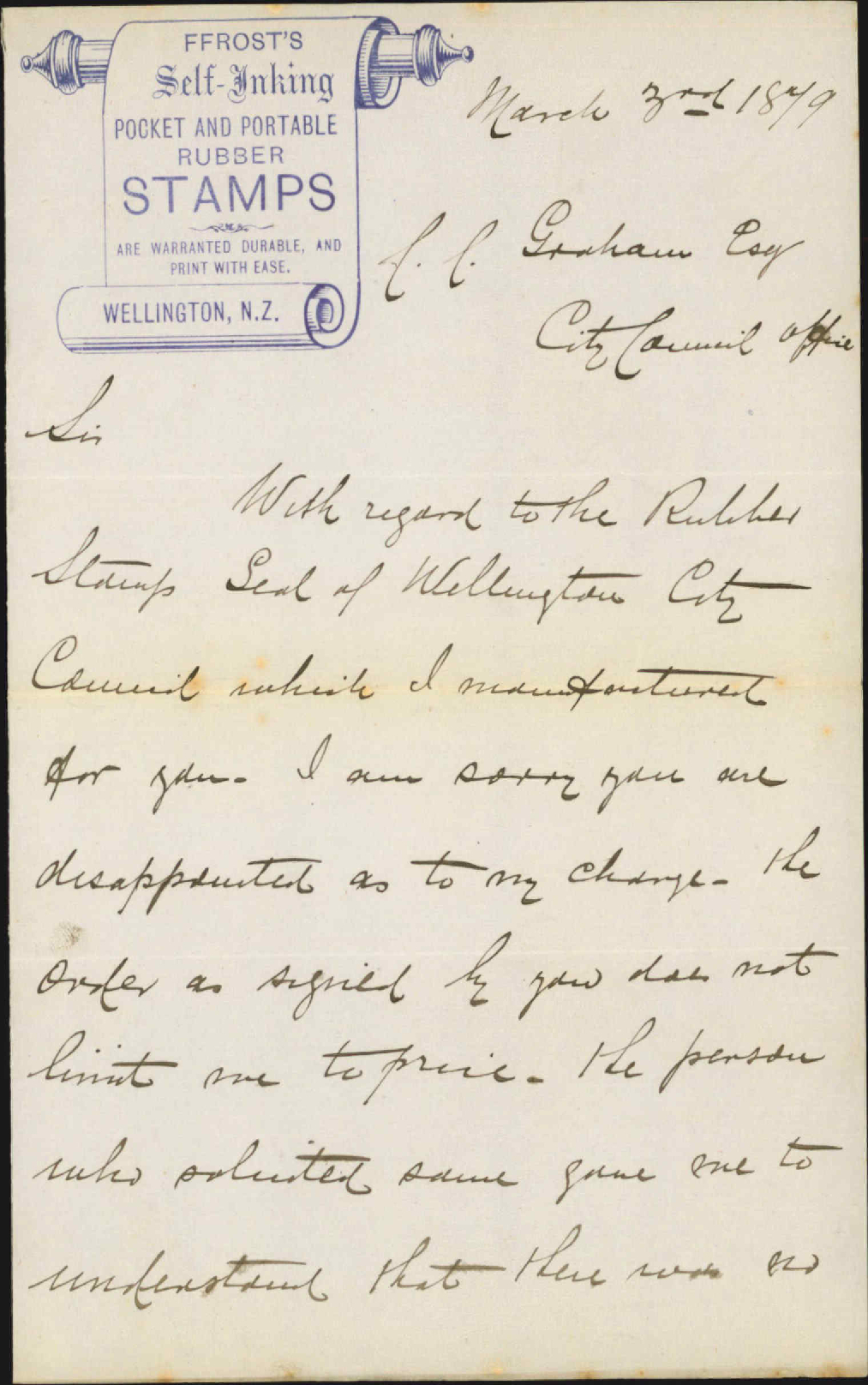 Re reply to complaint re price of Council stamp - J W Frost of Frost's Self Inking Stamps
