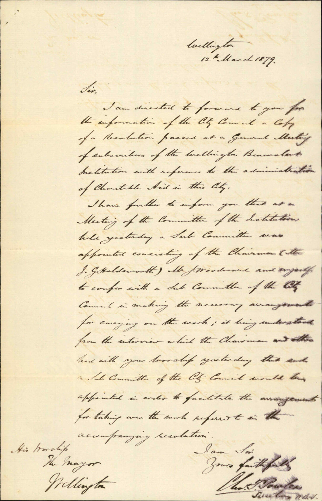 Re informing Council of passed resolution re distribution of charity funds - Wellington Benevolent Institution