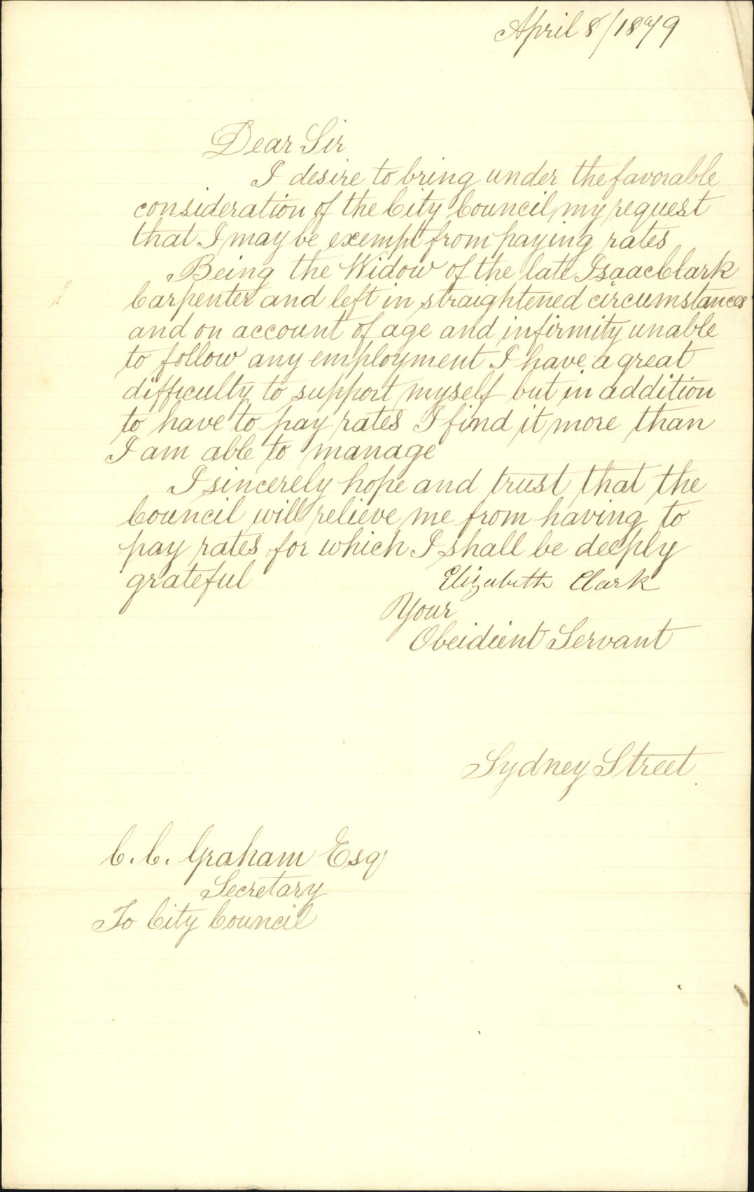 Re request that rates be reduced due to financial difficulties - Elizabeth Clark, Sydney Street