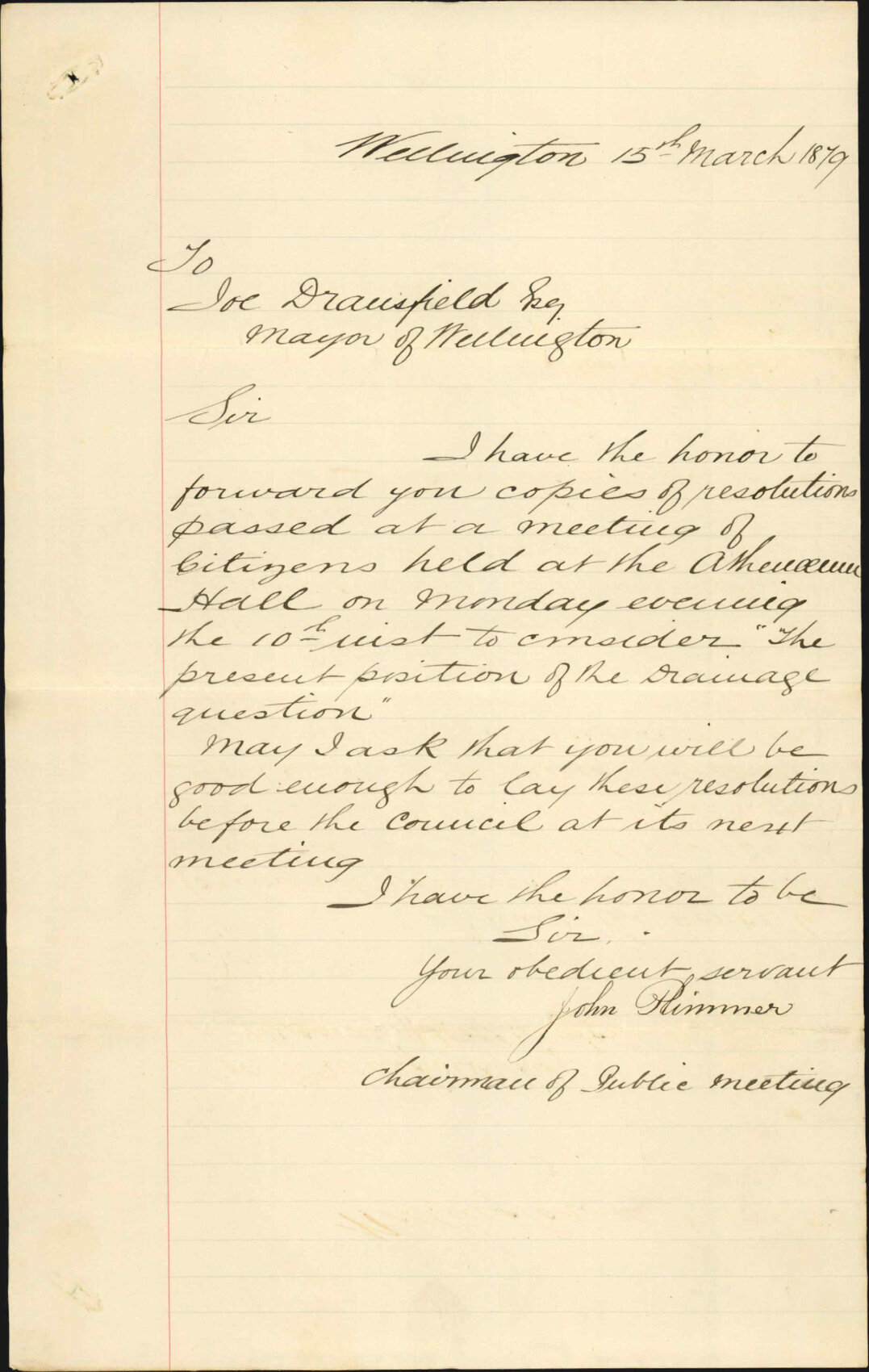 Re letter advising Council of resolution passed at public meeting which notes the great disapproval the public has of the Council's proposed drainage scheme - John Plimmer