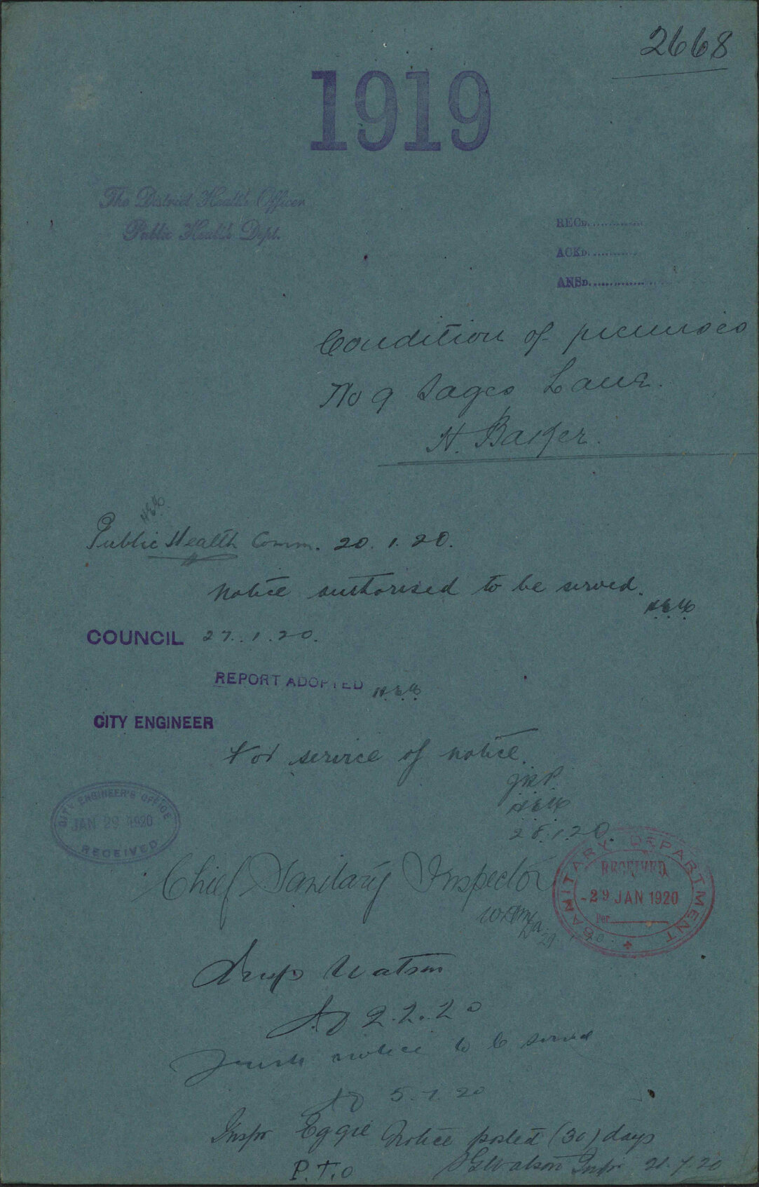 Condition of premises, 9 Sages Lane, H Baker - The District Health Officer, Public Health Department