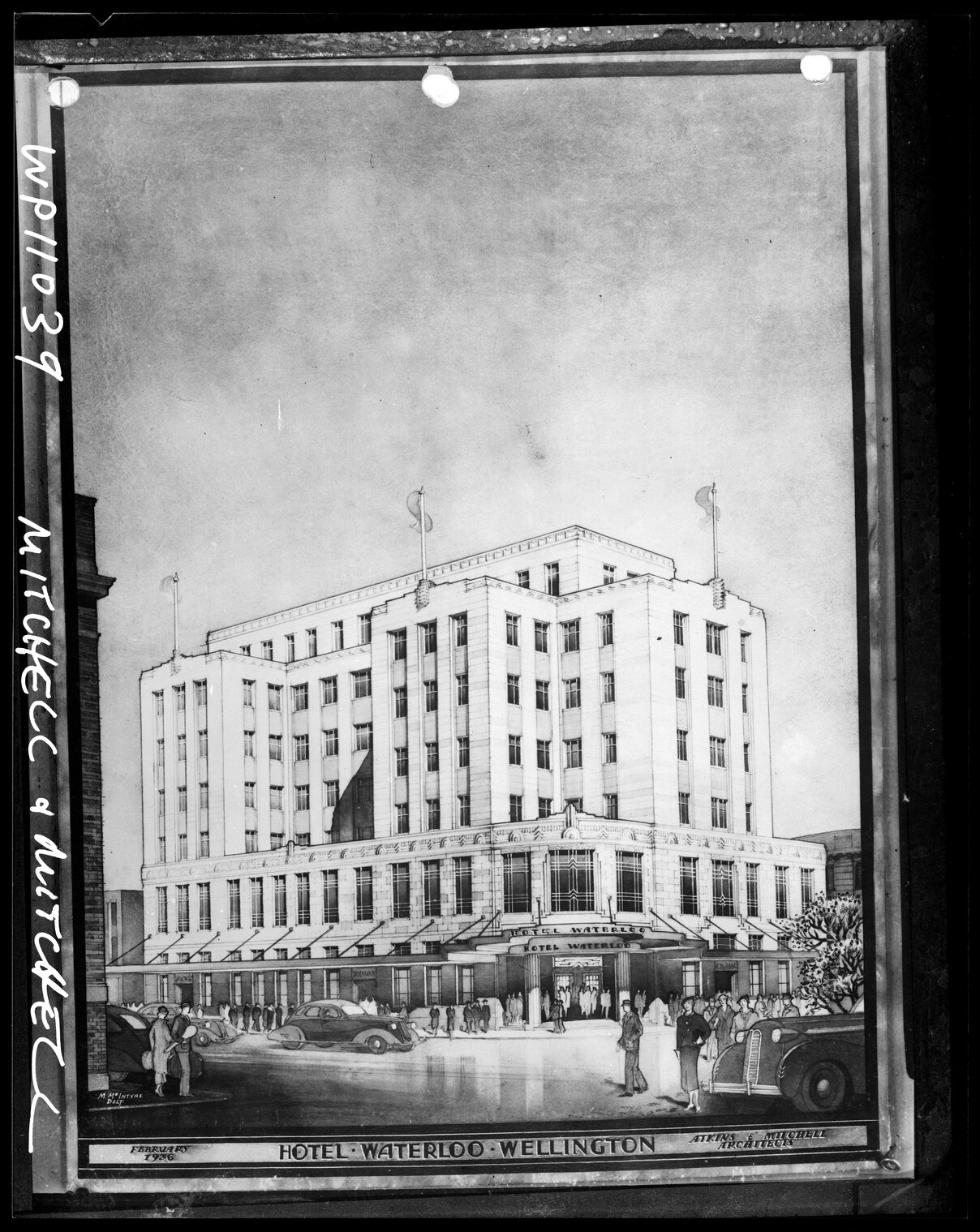 Copy photograph of architects sketch, Waterloo Hotel, corner of Bunny Street and Waterloo Quay