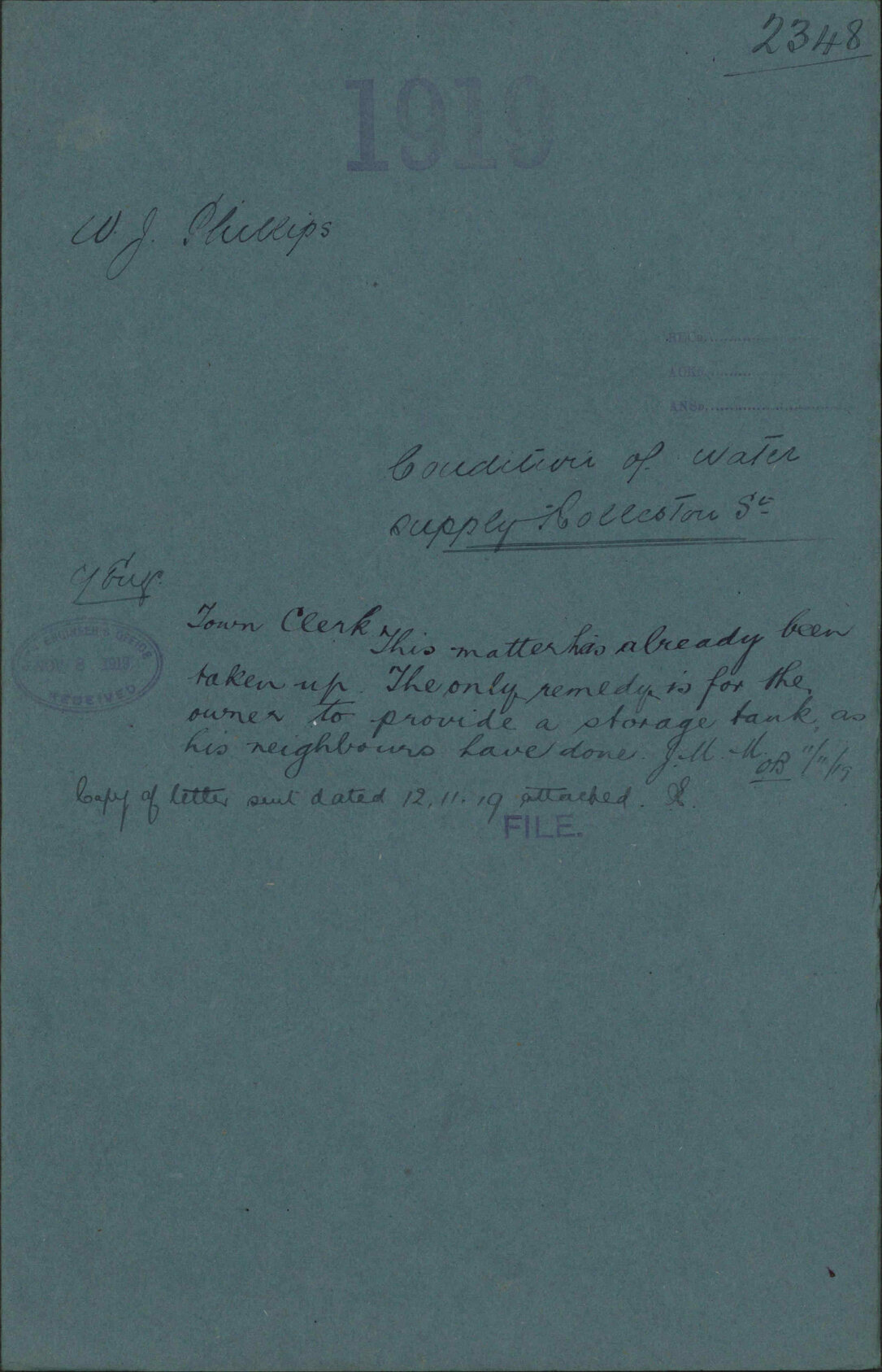 Condition of water supply, Rolleston Street - W J Phillips