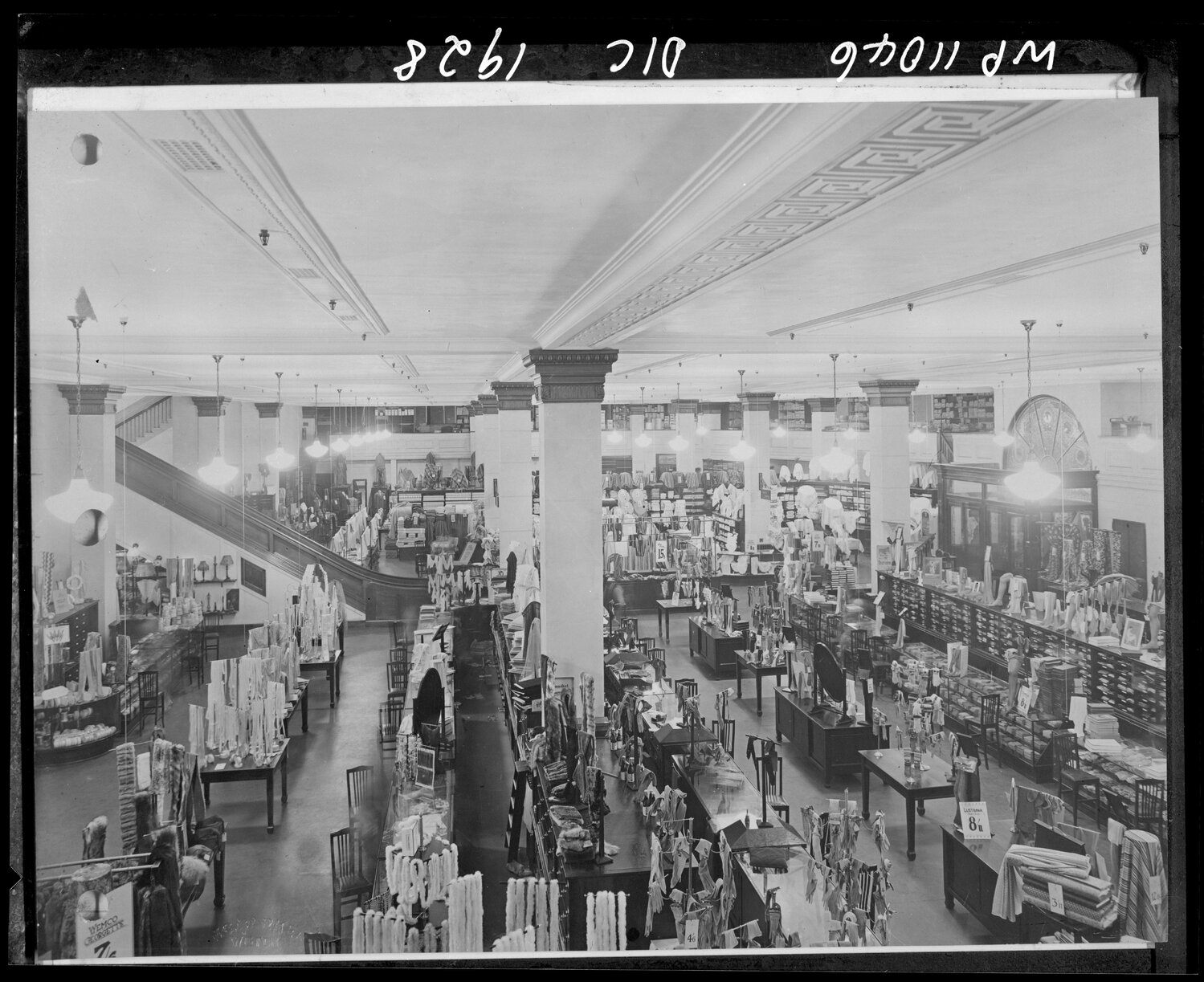Interior of the DIC department store, front entrance, elevator and haberdashery department