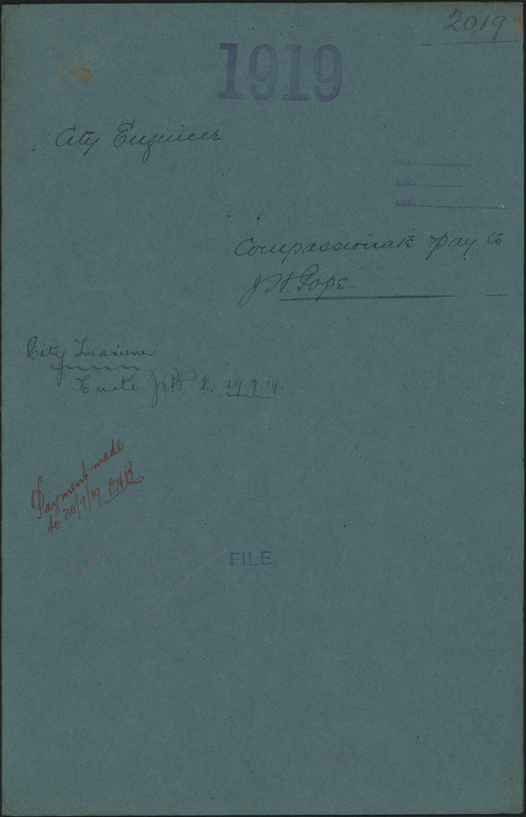 Compassionate pay to J H Pope - City Engineer