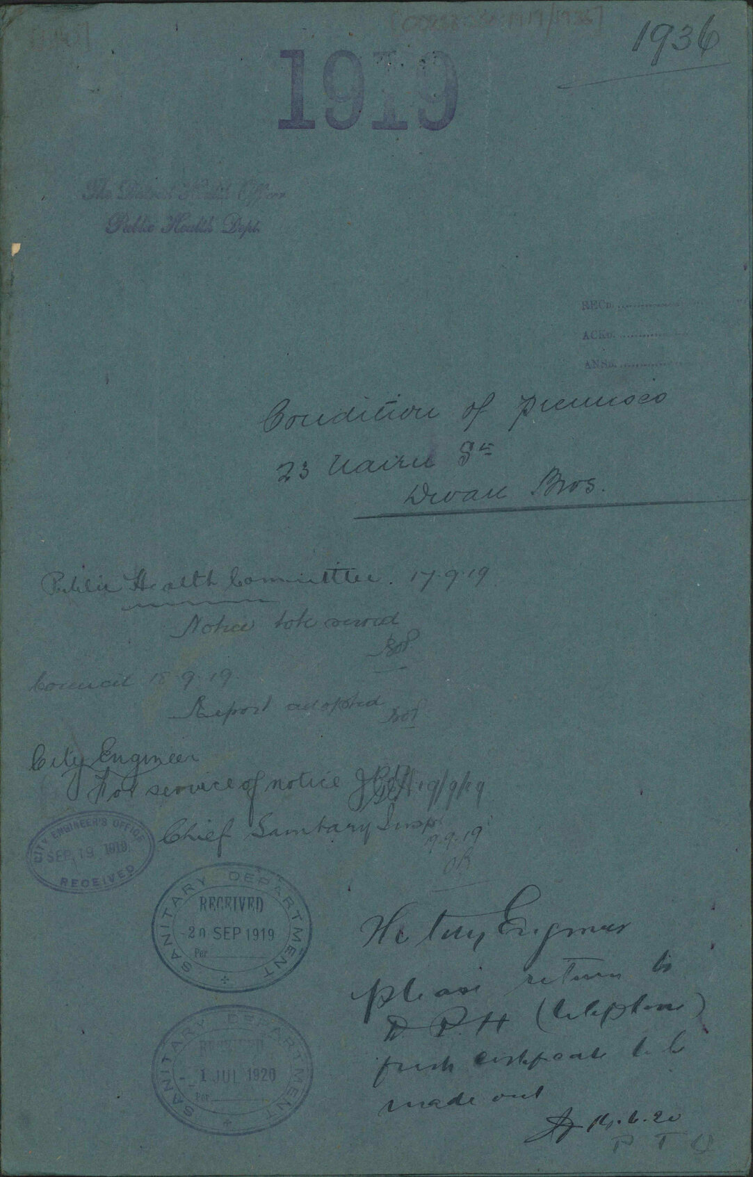 Condition of premises, 23 Nairn Street, Dwan Bros - The District Health Officer, Public Health Department