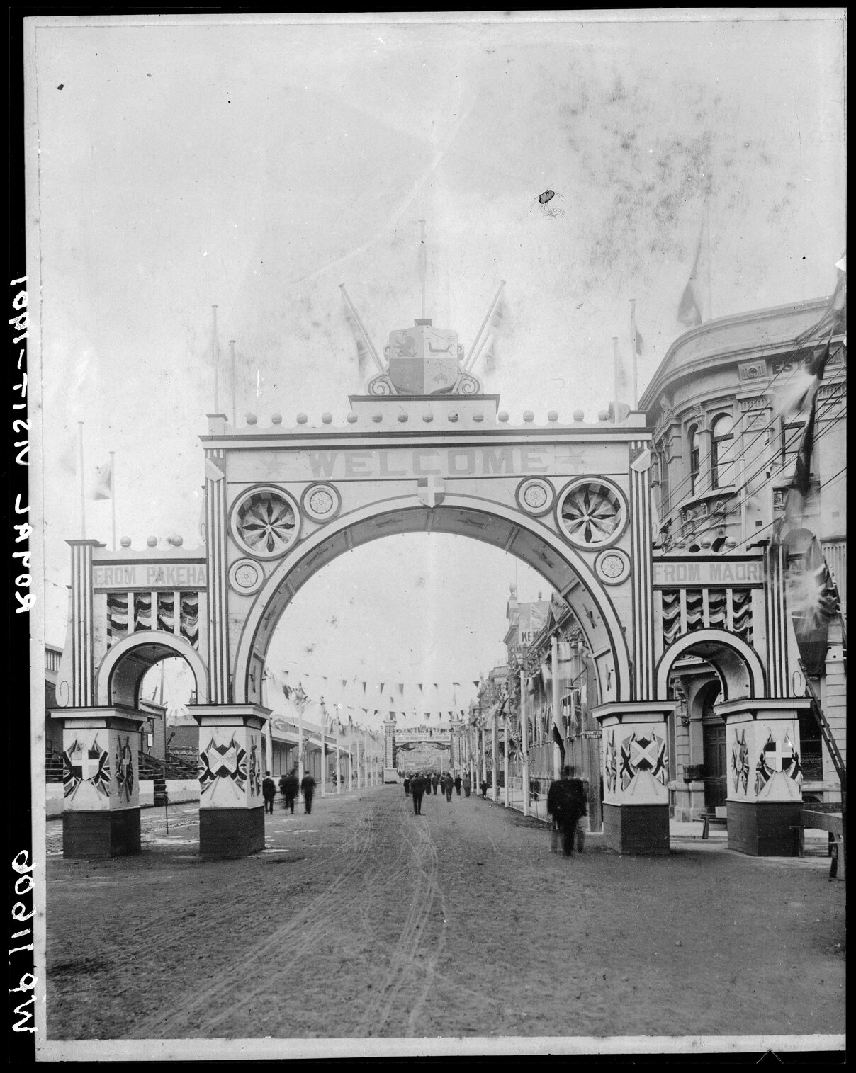 Jervois Quay decorated with flags and bunting for visit of the Duke and Duchess of Cornwall and York, June
