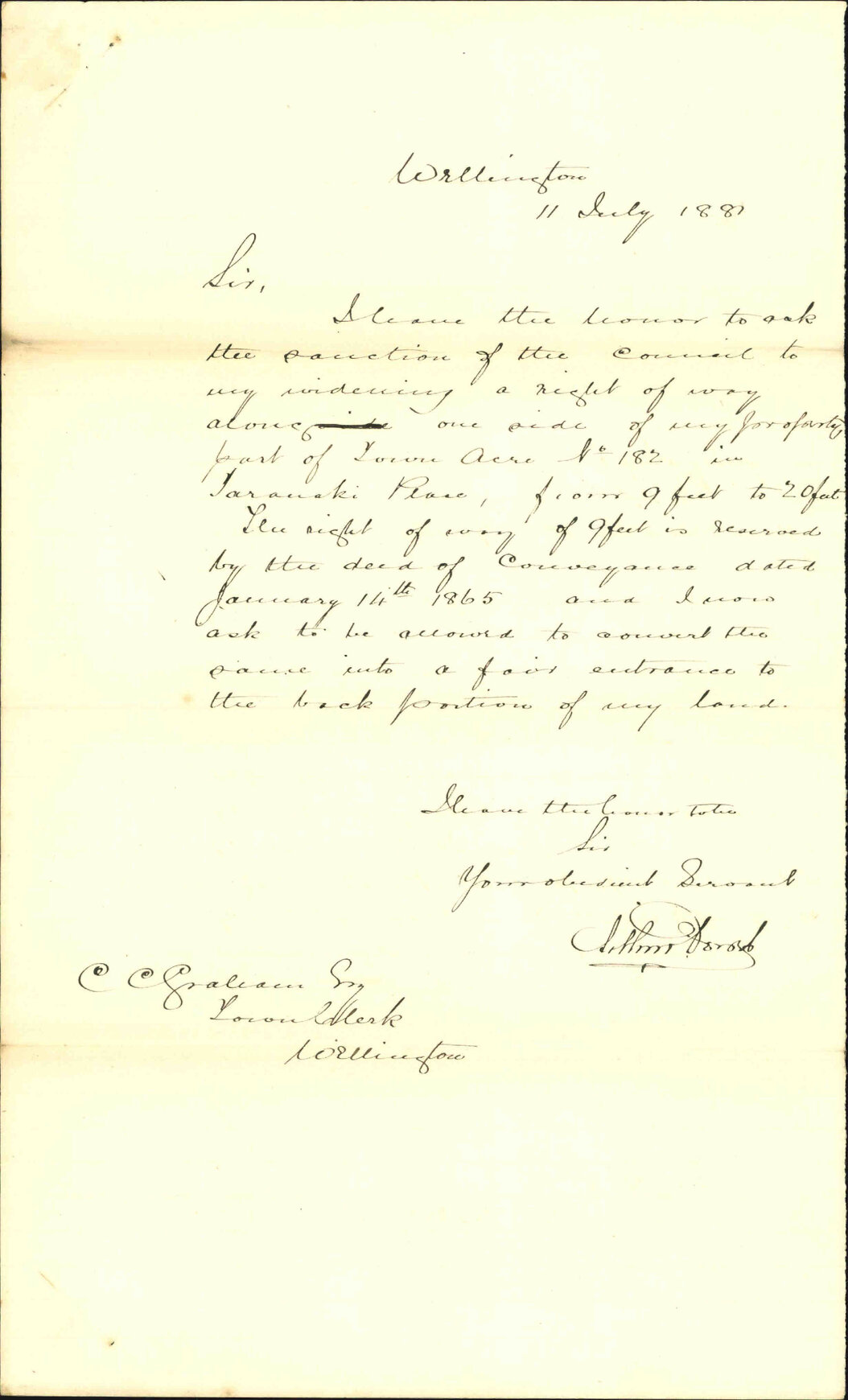 Arthur Dorset, application for right of way off Taranaki Place