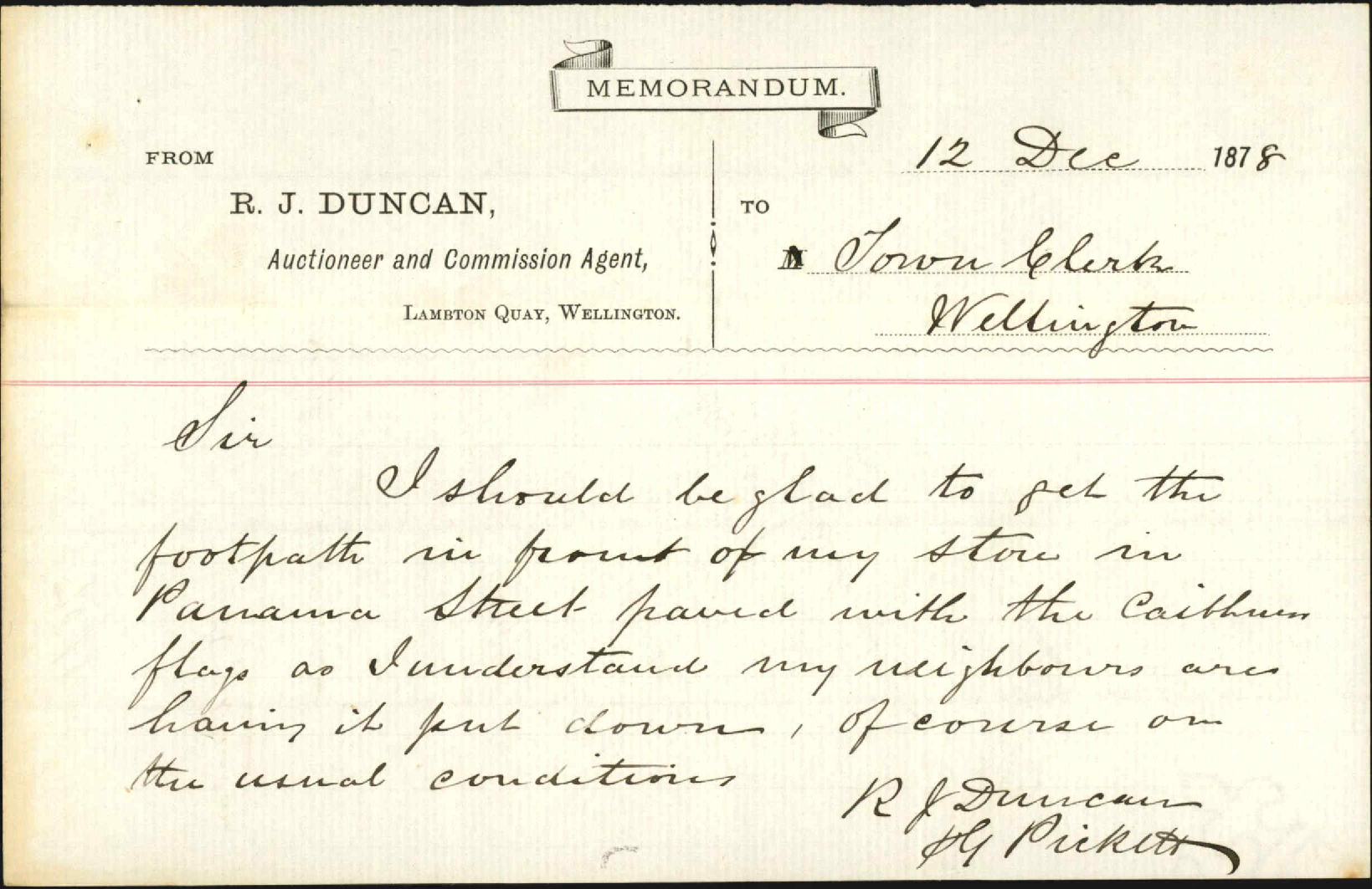 (1) Asking for footpath in front of Panama Street store to be paved - R J Duncan (2) Memo to Town Clerk re Mr Duncan's application for concrete flagging - J J Baird (City Surveyor)