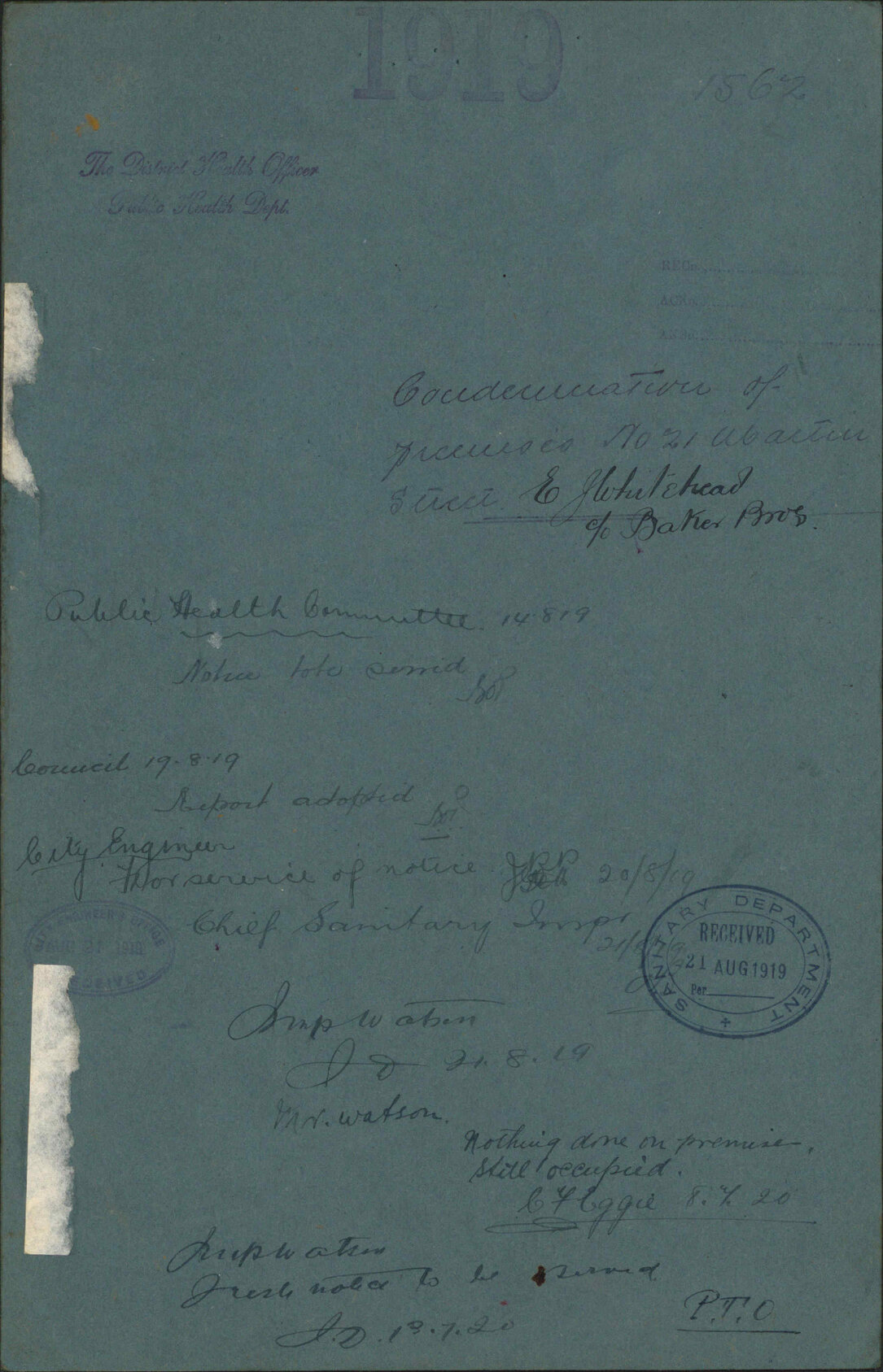 Condemnation of premises, 21 Martin Street, E J Whitehead c/o Baker Bros - The Public Health Officer, Public Health Department