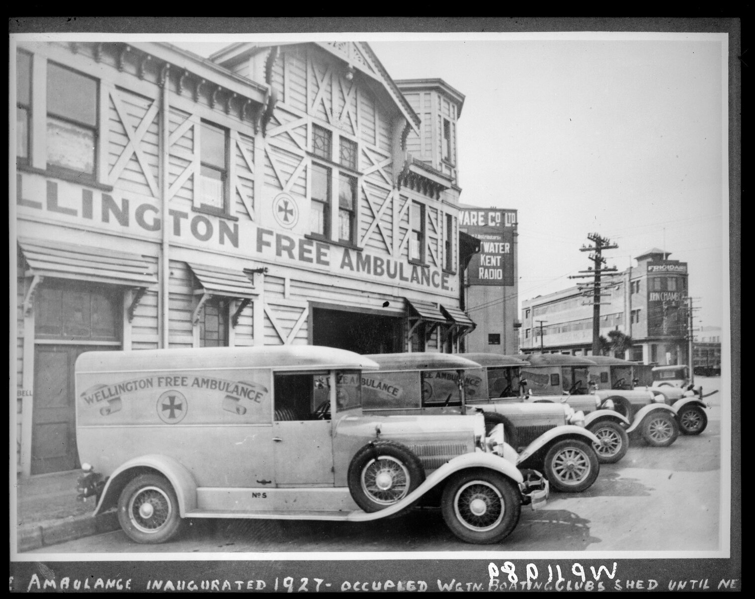 Ambulance Vans parked in front of the Wellington Free Ambulance building. Jervois Quay
