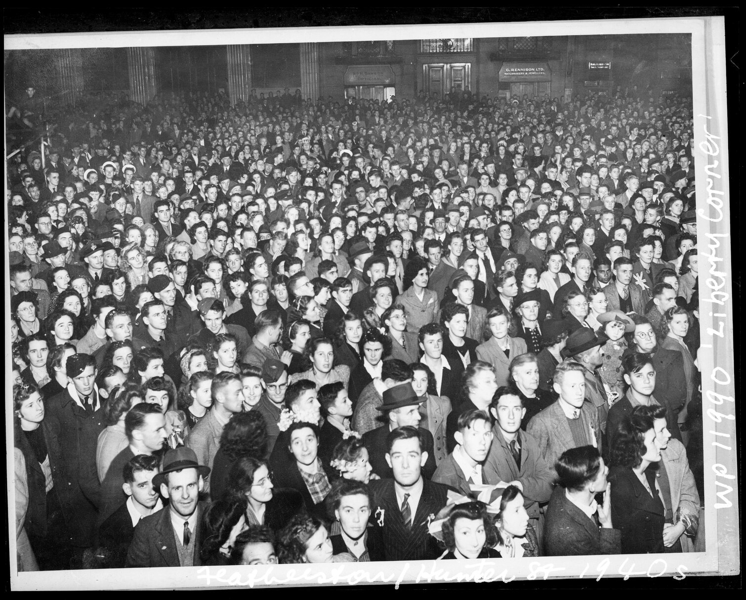 Gathering of citizens at ' Liberty Corner ', corner of Featherston Street and Hunter Street