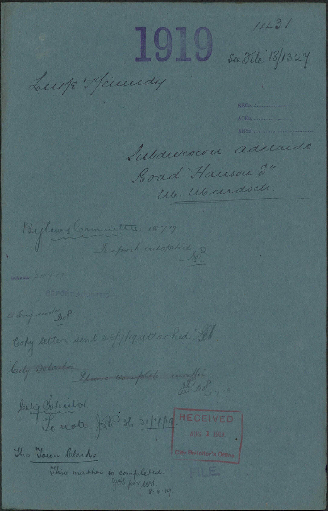 Subdivision, Adelaide Road and Hanson Street, M Murdoch - Luke &amp; Kennedy