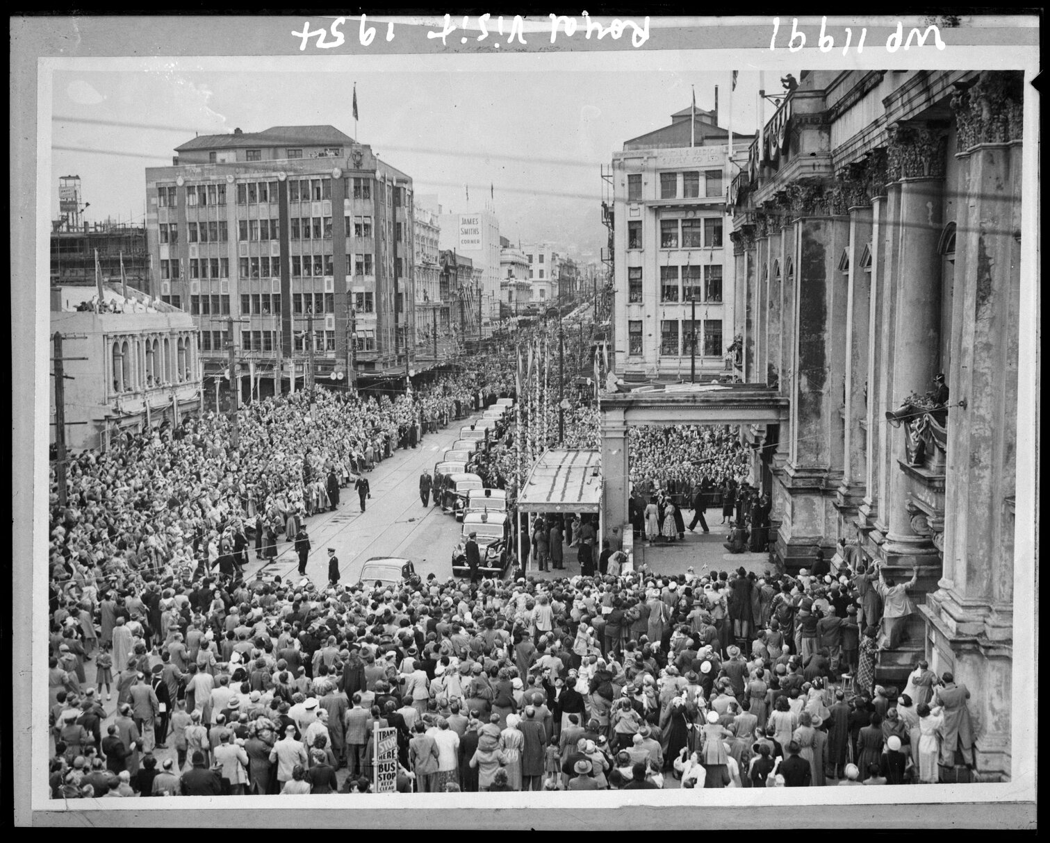 Elevated view of Cuba Street entrance to the Town Hall, royal visit by the Queen.