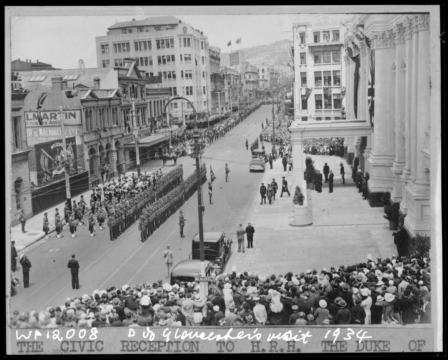 Elevated view of civic reception for Duke of Gloucester outside the Town Hall, Cuba Street Extension