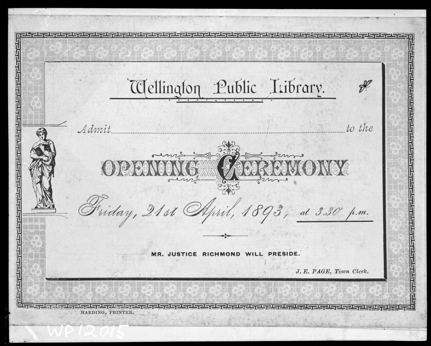 Photograph of ticket to the Opening Ceremony of the Wellington Public Library