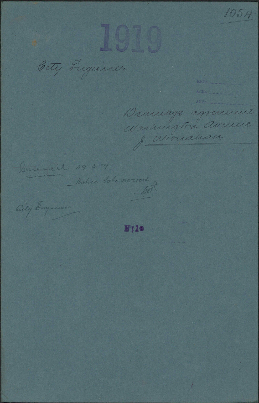 Drainage agreement, Washington Avenue, J Monahan - City Engineer
