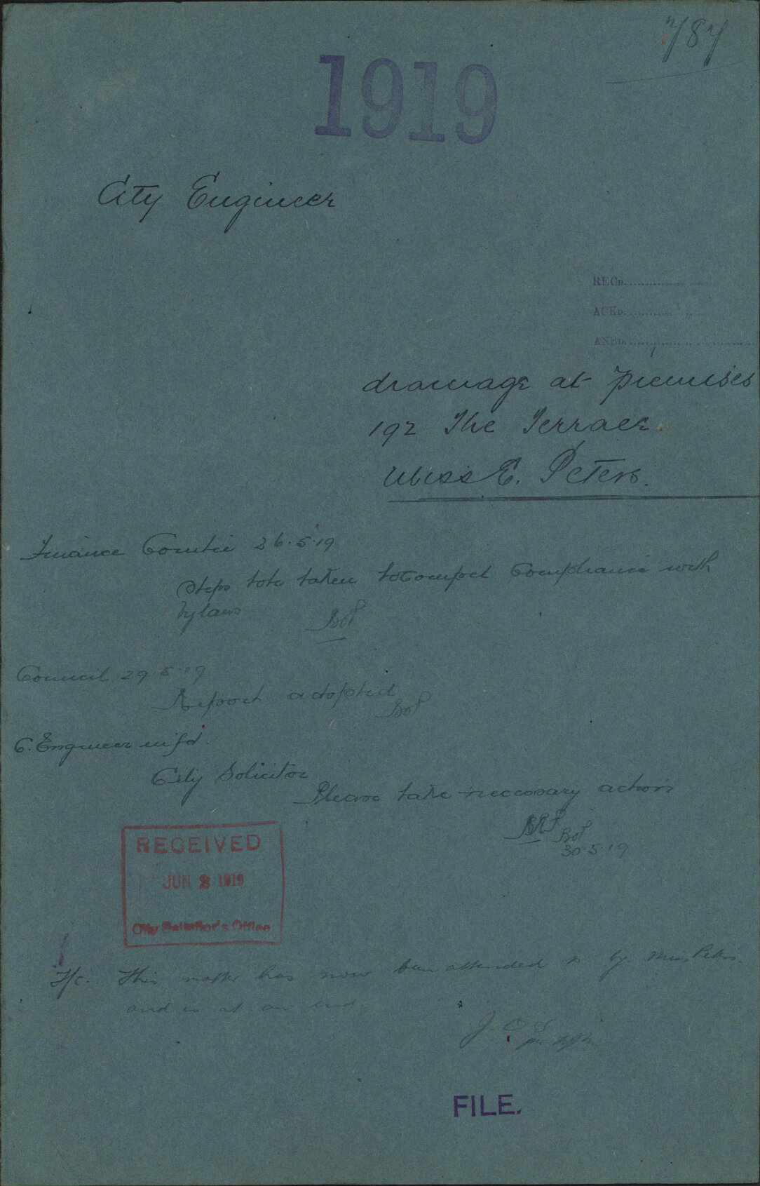 Drainage at premises, 192 The Terrace, Miss Ethel Peters - City Engineer