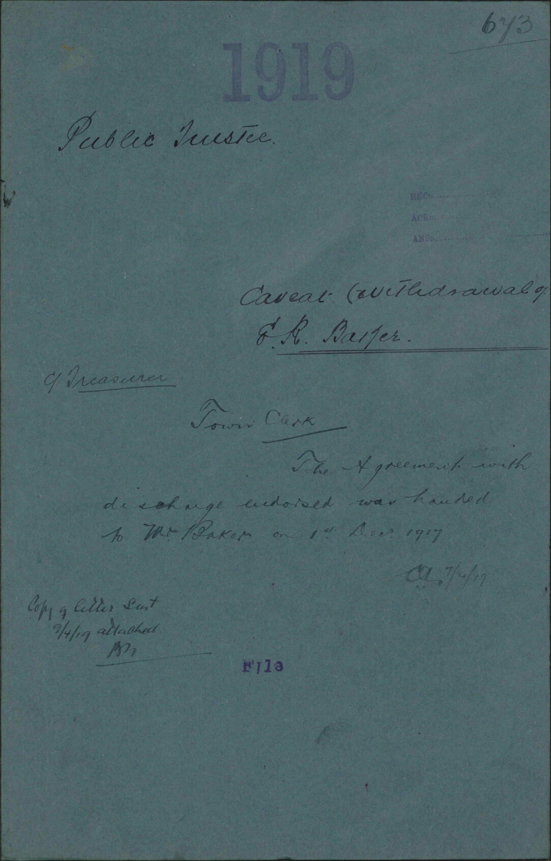 Caveat (withdrawal of) E R Baker - Public Trustee