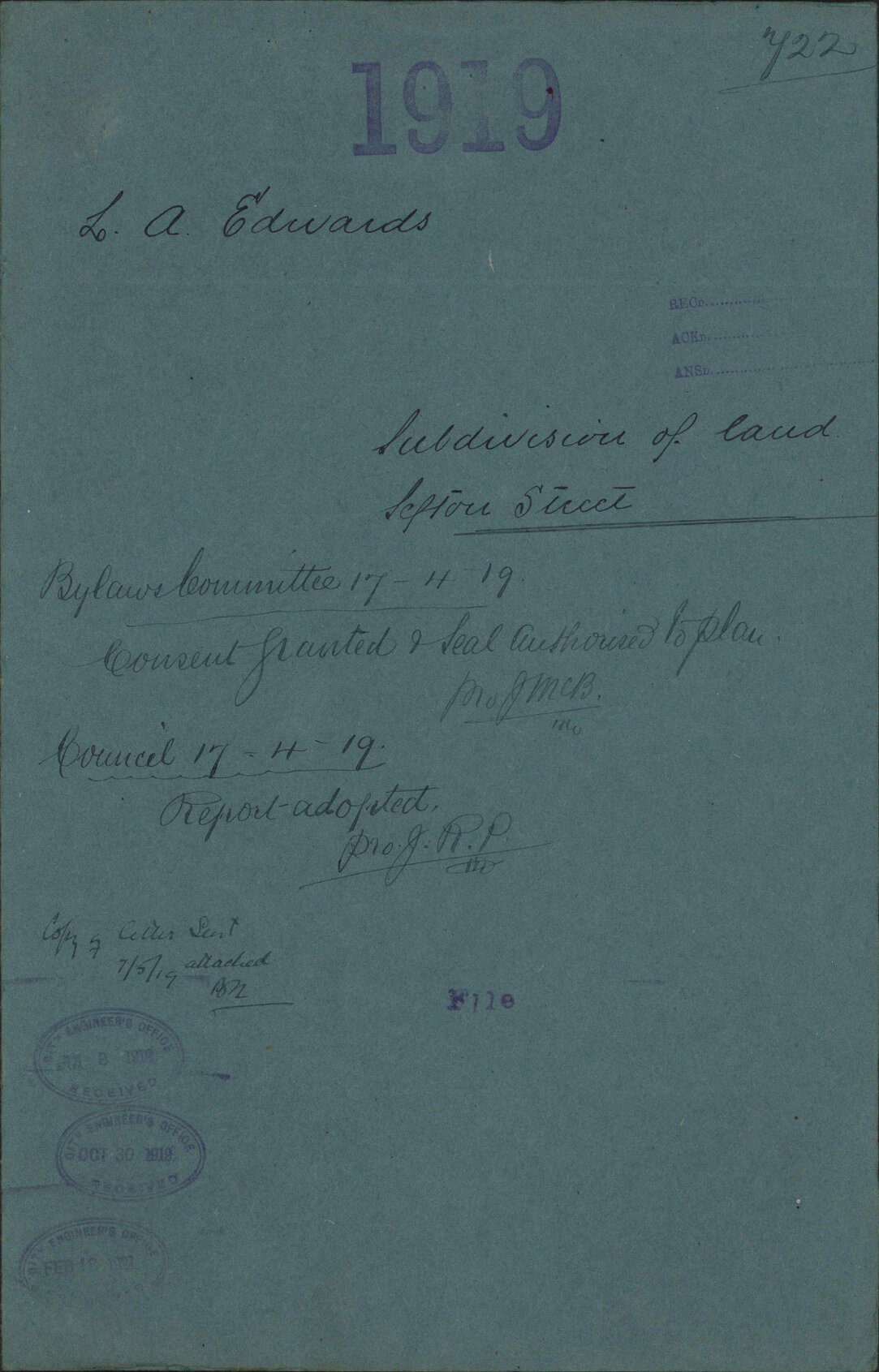 Subdivision of land Sefton Street - L A Edwards