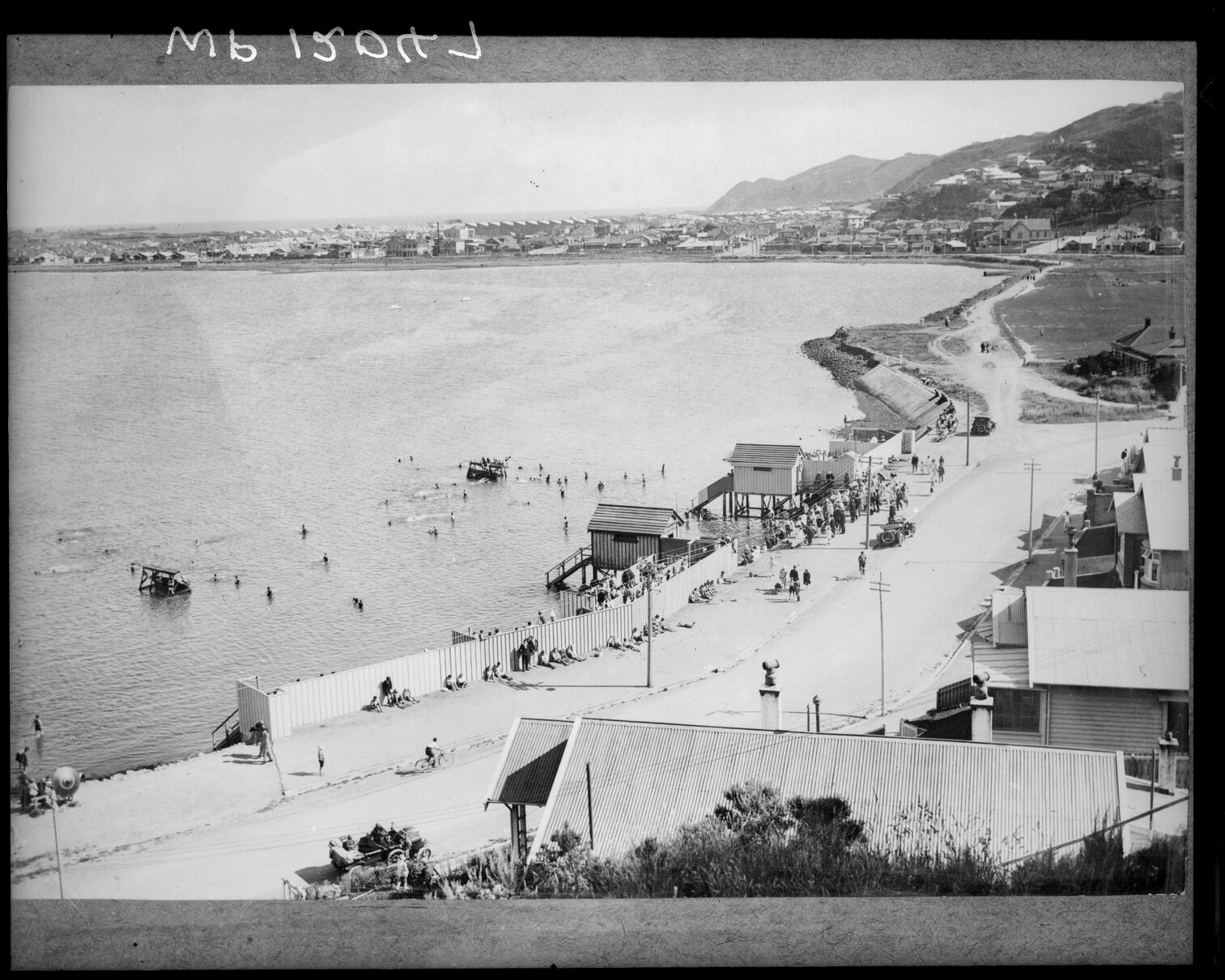 Elevated view of bathing beach, Evans Bay
