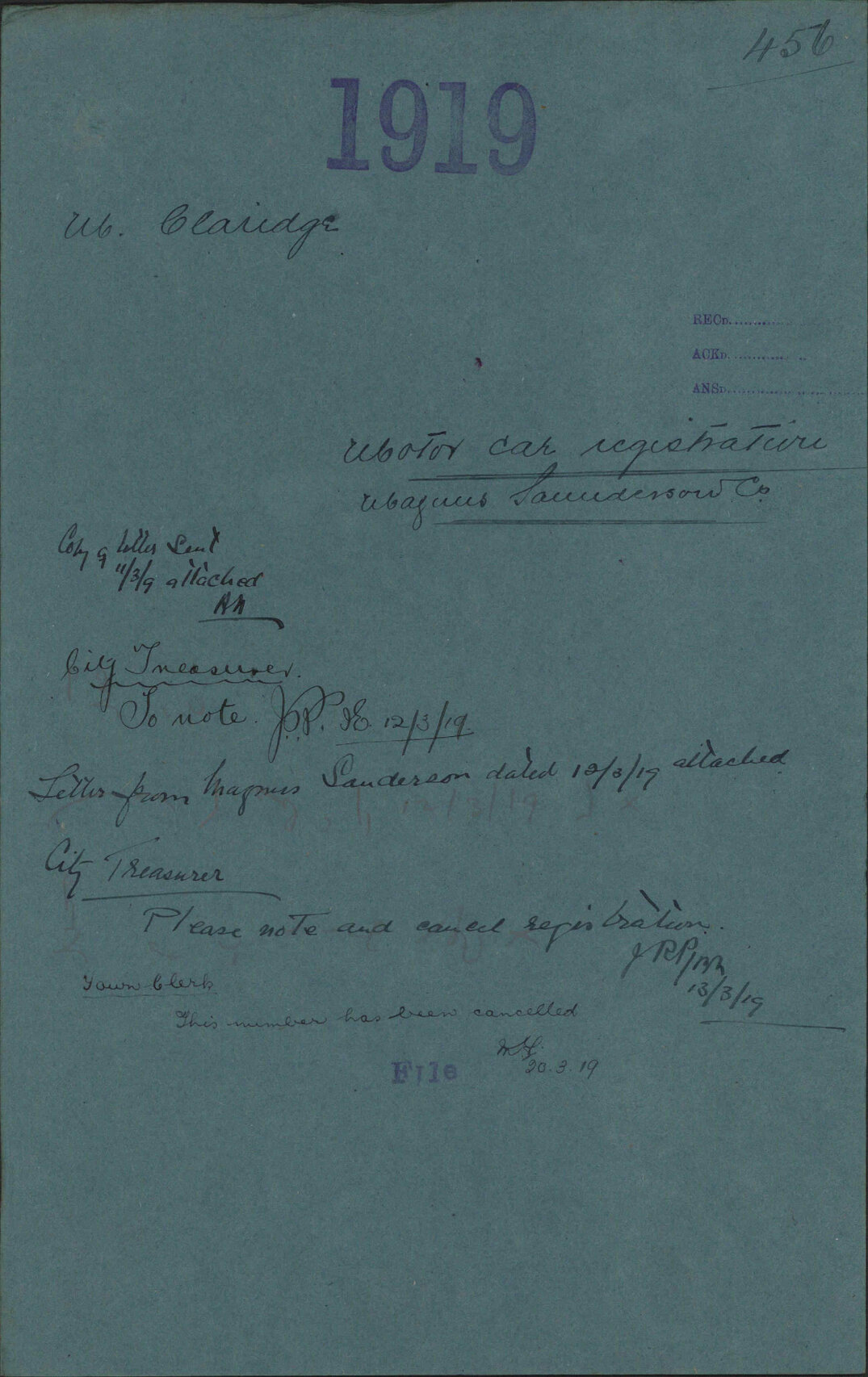 Motor car registration, Magnus Sanderson &amp; Co - M Claridge