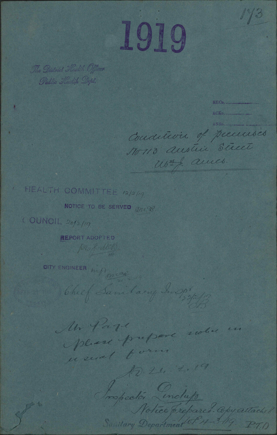 Condition of premises, 113 Austin Street, Mrs J Ames - The District Health Officer, Public Health Department