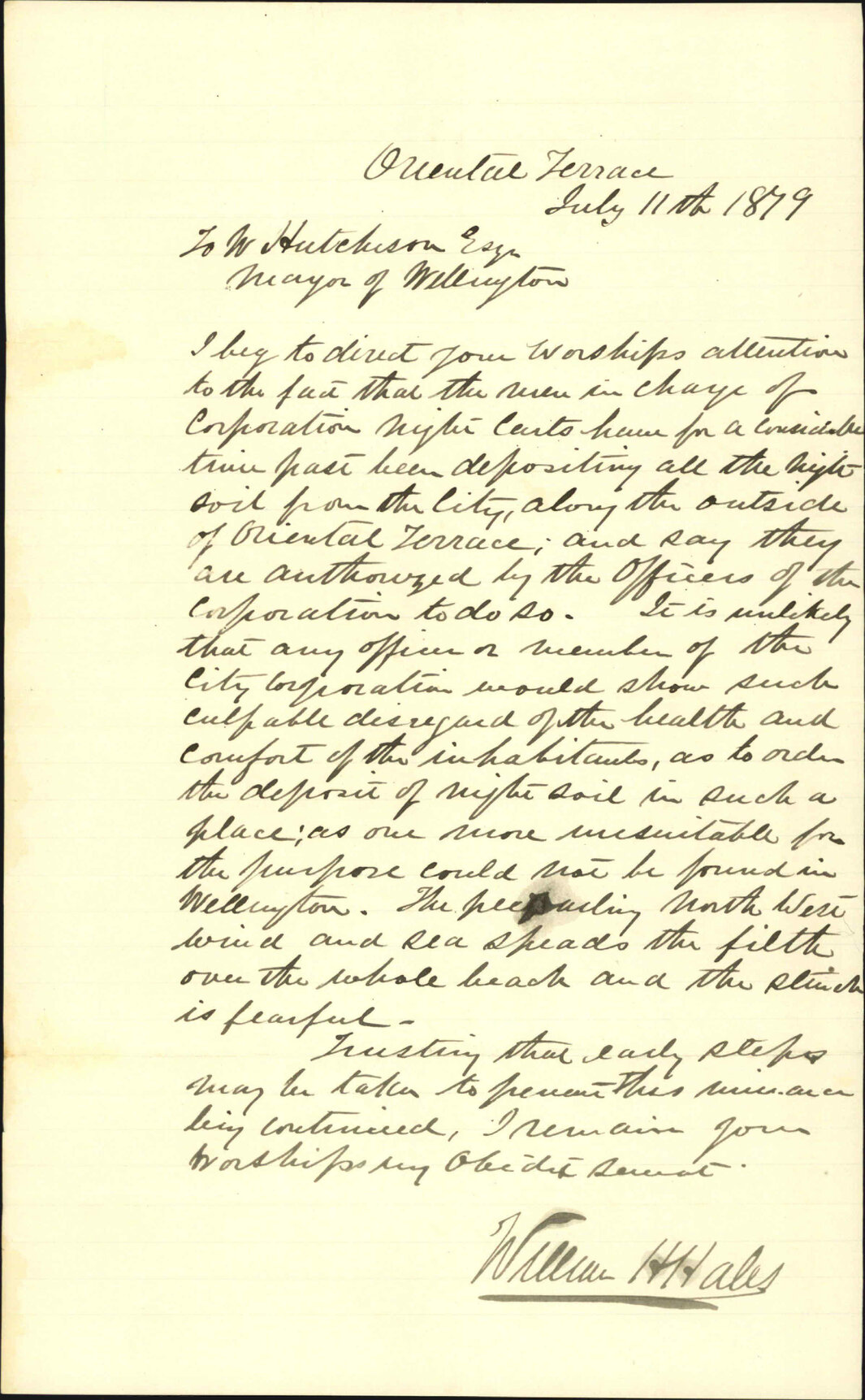 Complaint re deposit of night-soil in Oriental Terrace - William H Hales