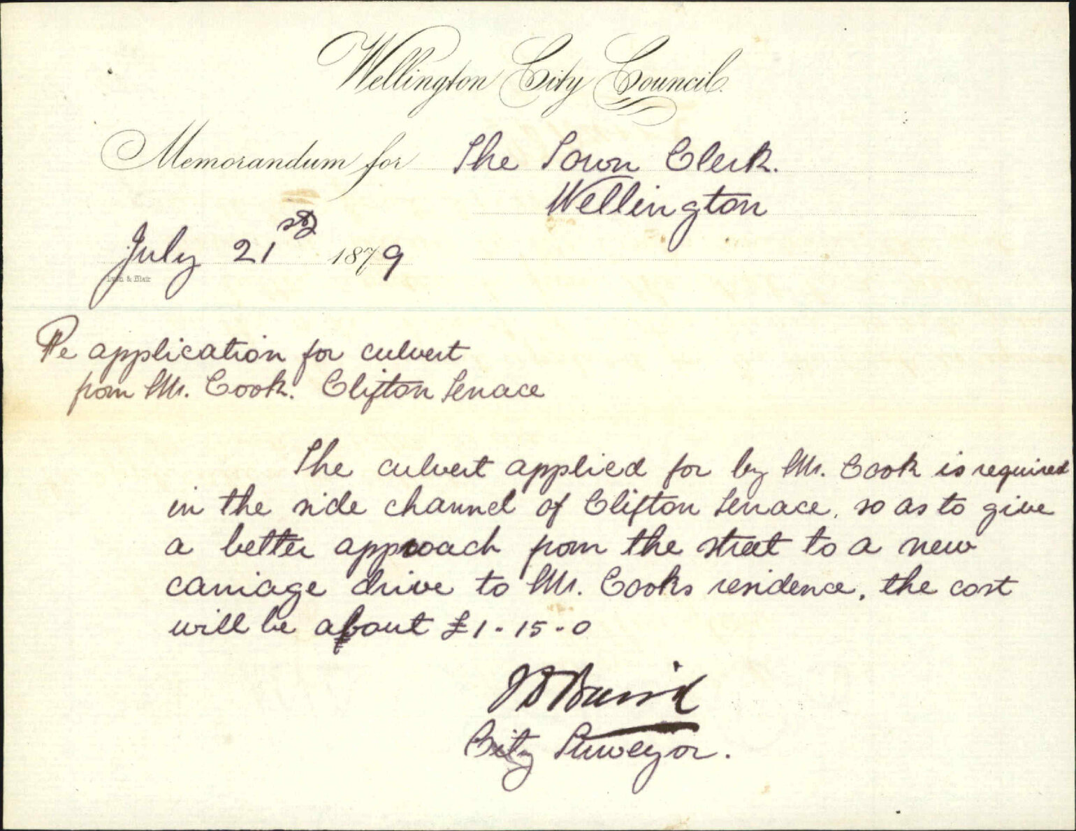 Re memo re application for a culvert for Mr Cook in Clifton Terrace - City Surveyor