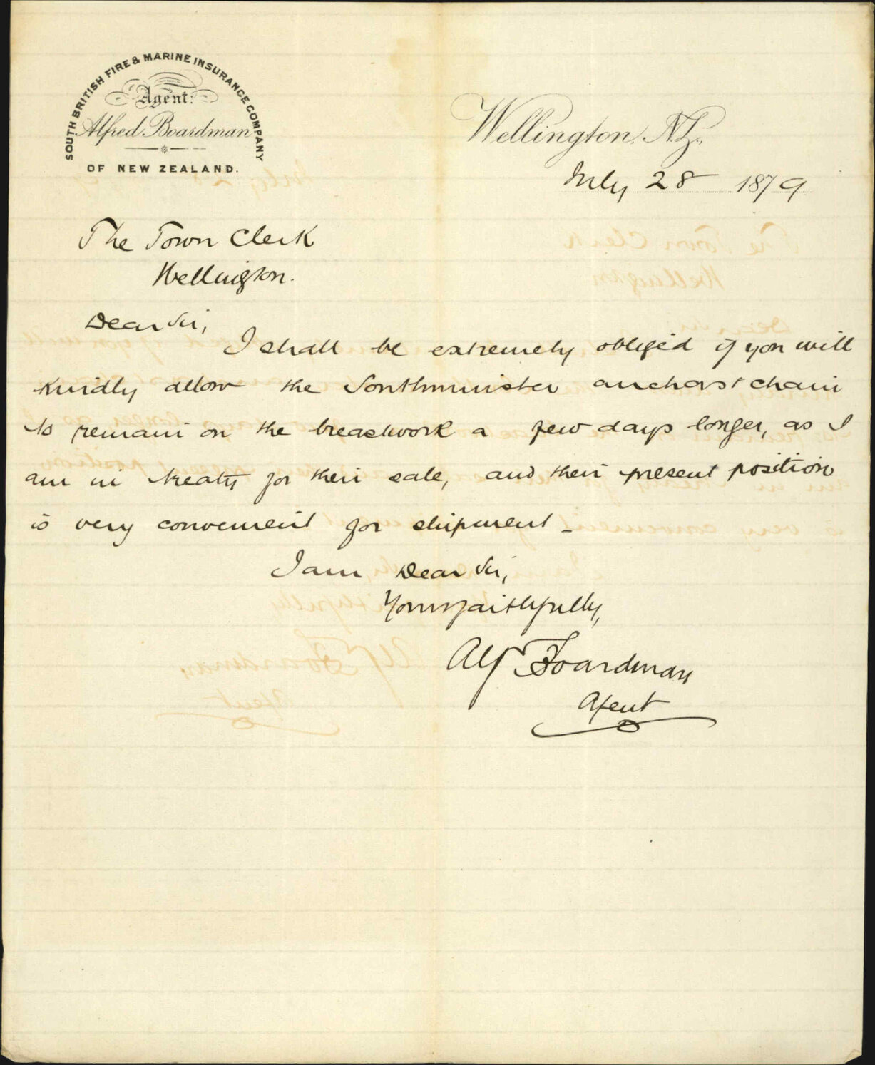 Re request that a anchor and chain be allowed to remain on wharf until they can be shipped - Alfred Boardman / South British Fire and Marine Insurance Company of New Zealand