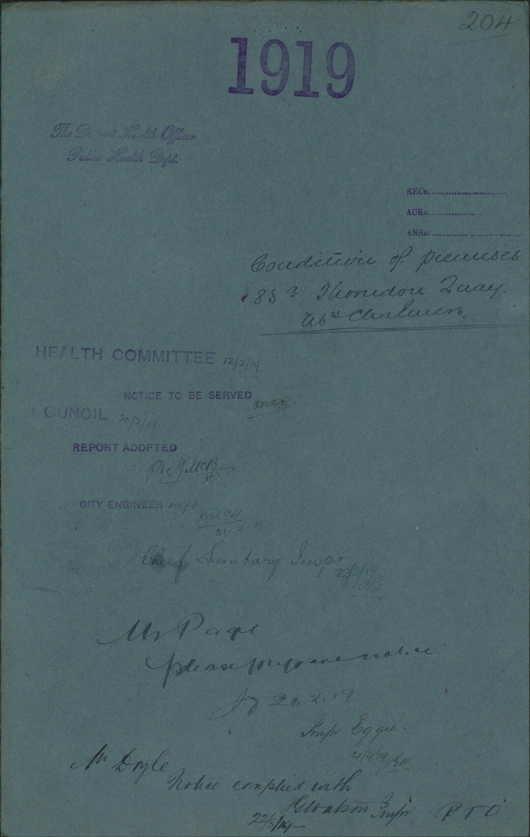 Condition of premises, 83a Thorndon Quay, Mrs Chalmers - The Public Health Officer, Public Health Department
