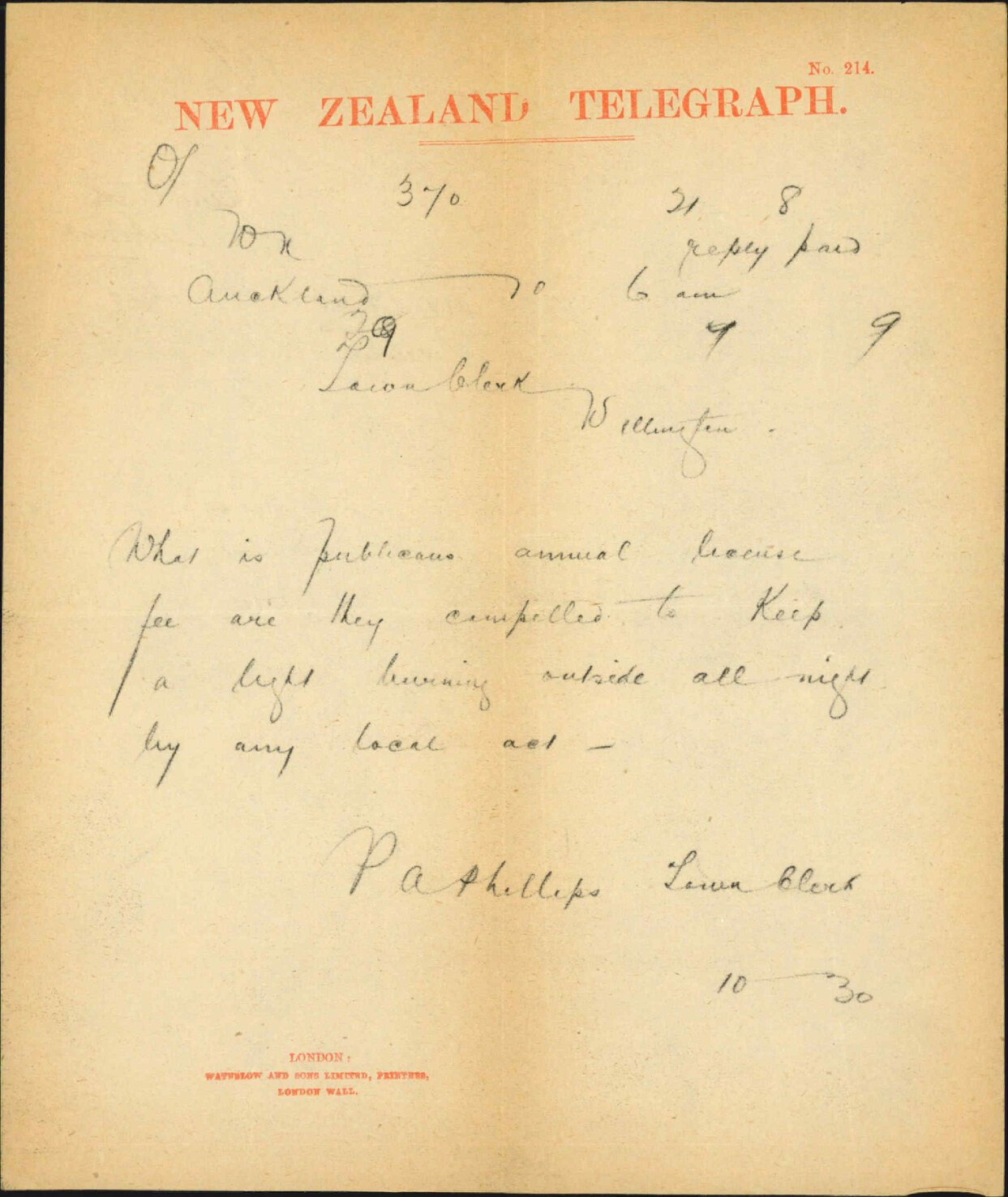 Re what bylaws exist so that publicans must keep a lamp burning outside all night - Telegram from Town Clerk, Auckland