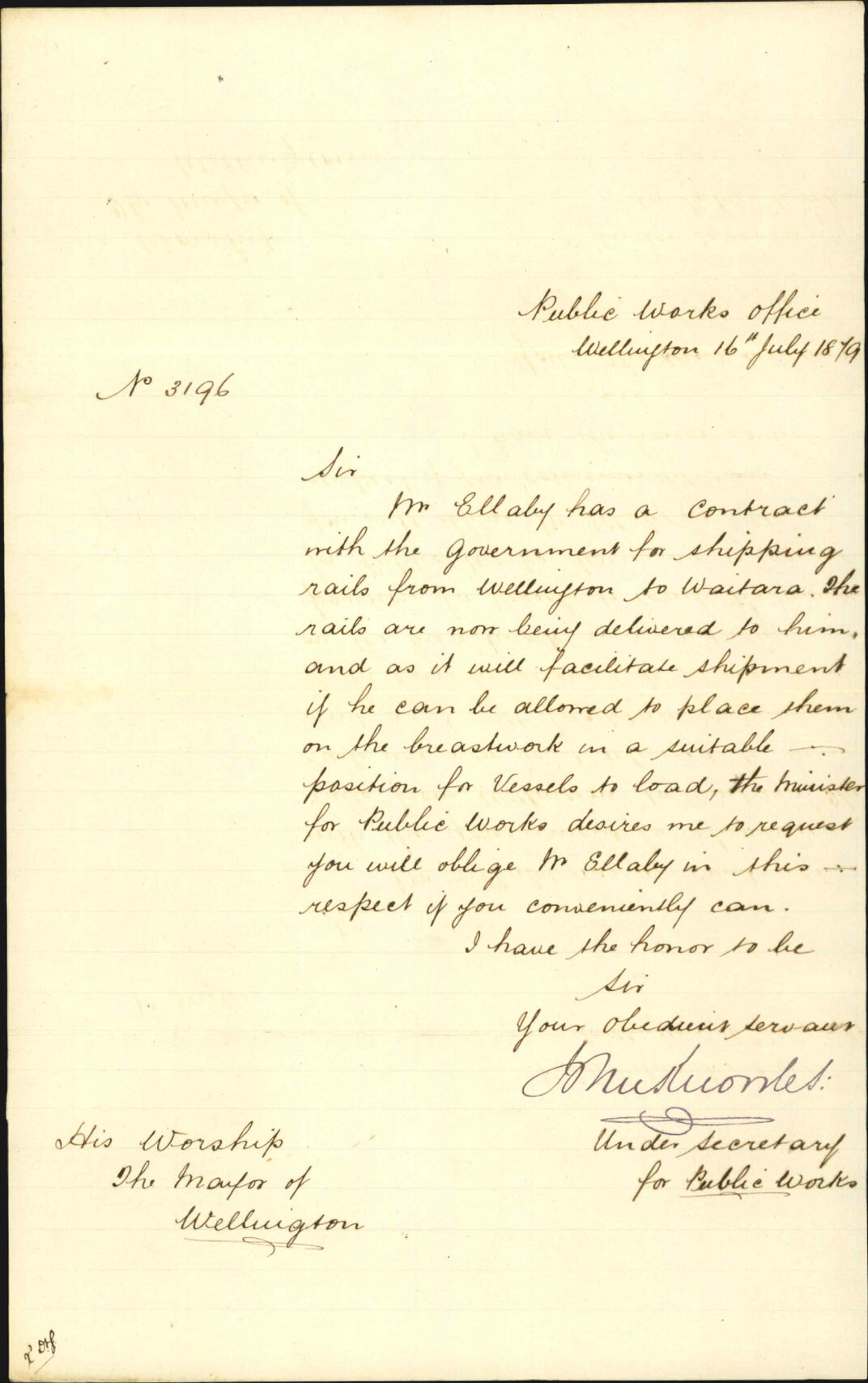 Re Mr Ellaby and his contract for shipping rails from Wellington to Waitara - Public Works Department