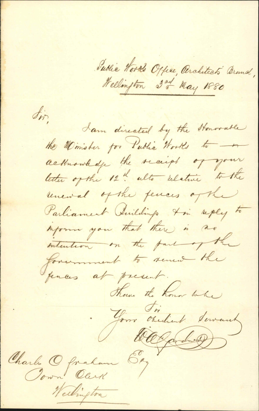 Public Works Department, regarding fencing to Parliamentary Grounds