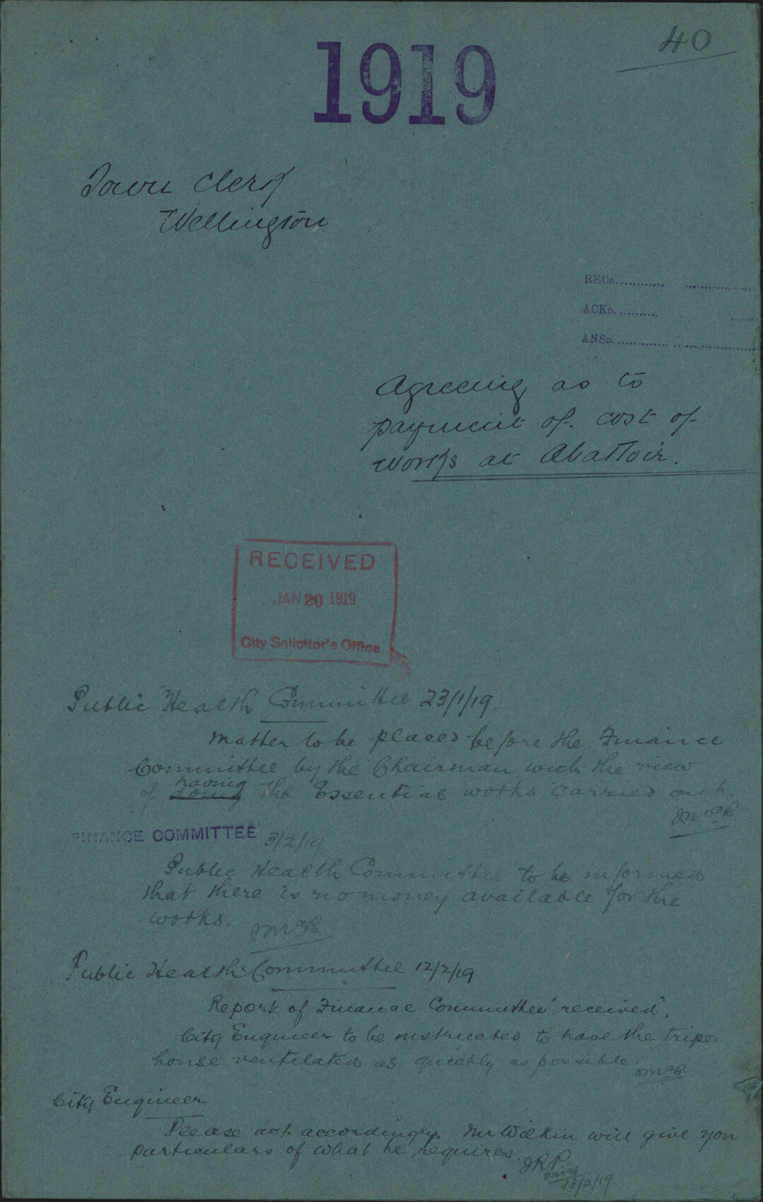 Agreeing as to payment of cost of works at Abattoir - Town Clerk, Wellington