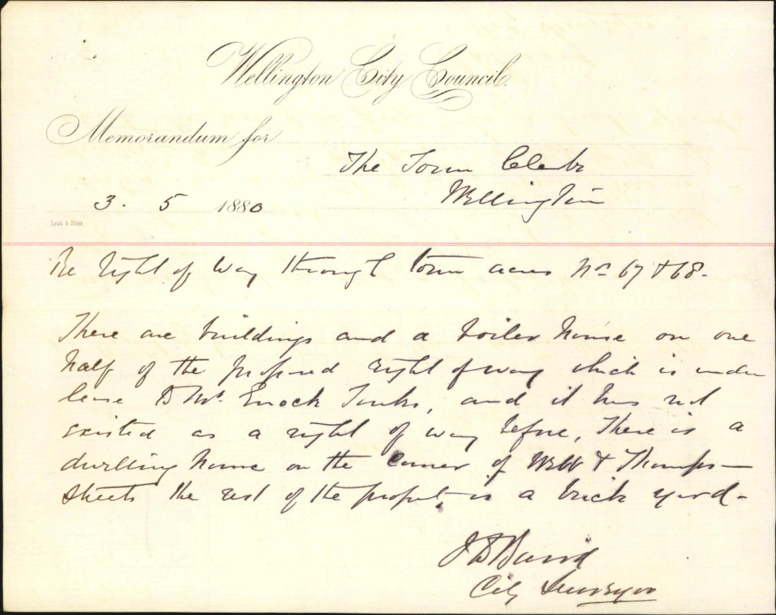 City Surveyor, regarding application for right of way - Tonks Brothers - off Webb Street