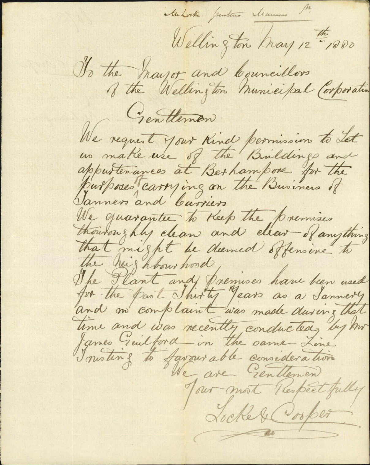 Locke &amp; Cooper, application to carry on a tannery at Berhampore