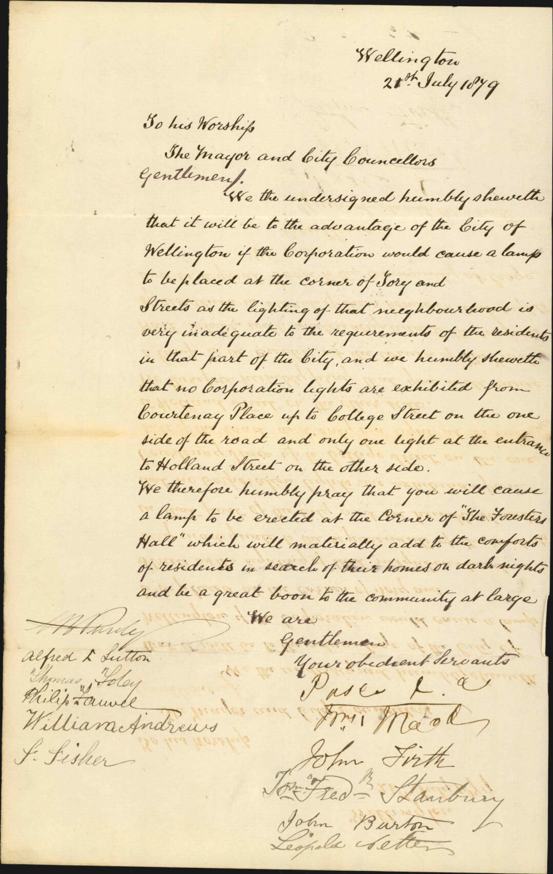 Petition requesting that a lamp be placed on each corner of Tory Street from Courtenay Place to College Street