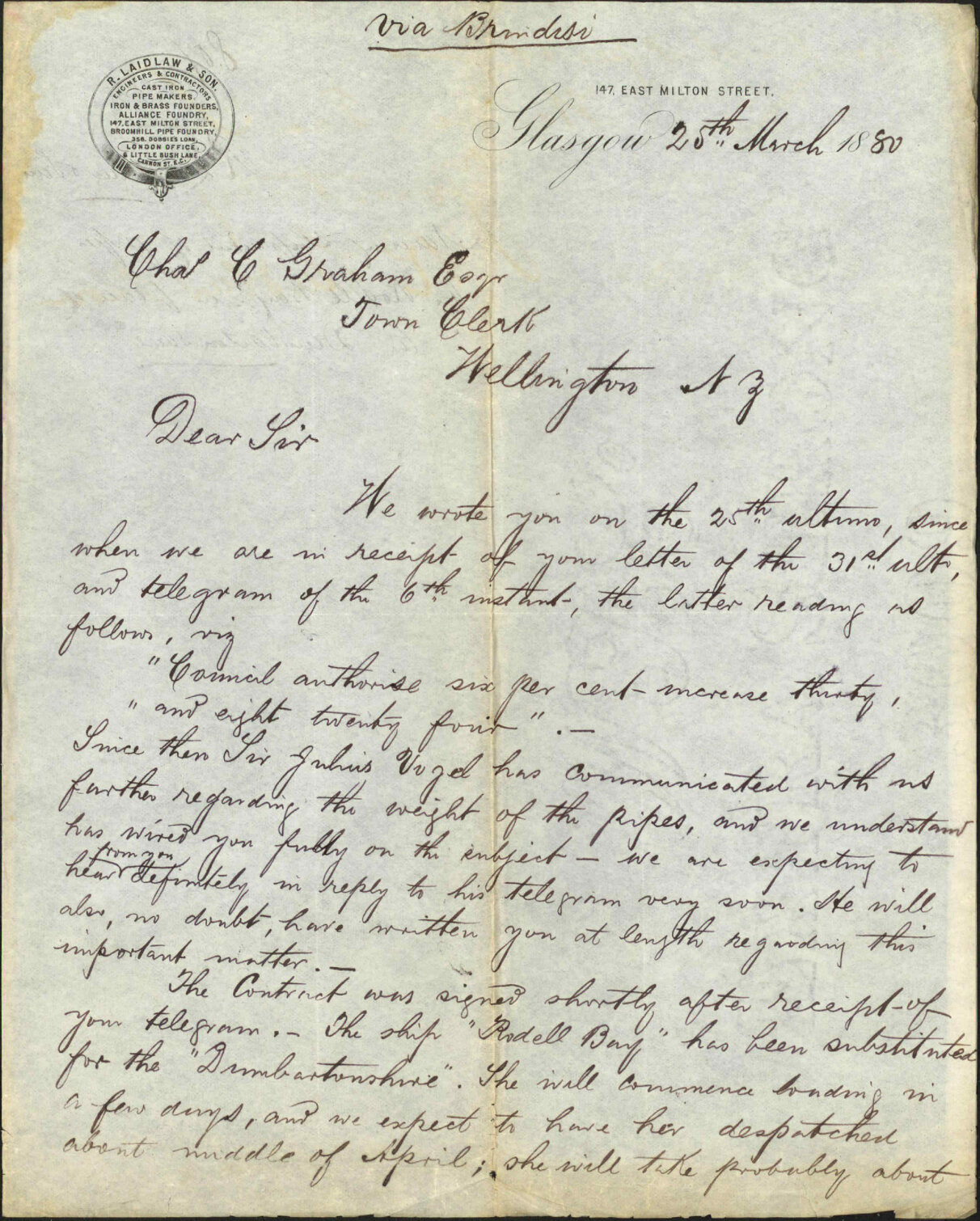R Laidlaw and Son, shipment of pipes for "Rodell Bay" instead of "Dumbartonshire"