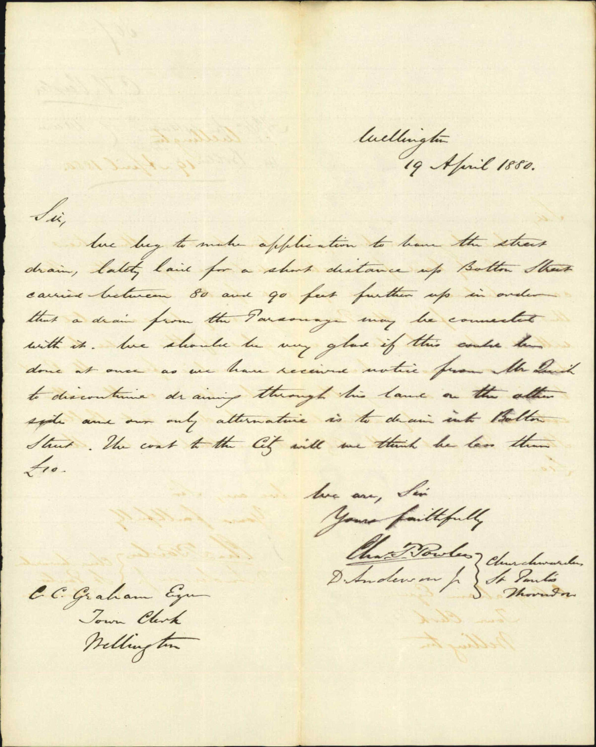 Churchwarden. St Paul's, regarding extension of drain - St Pauls, Thorndon