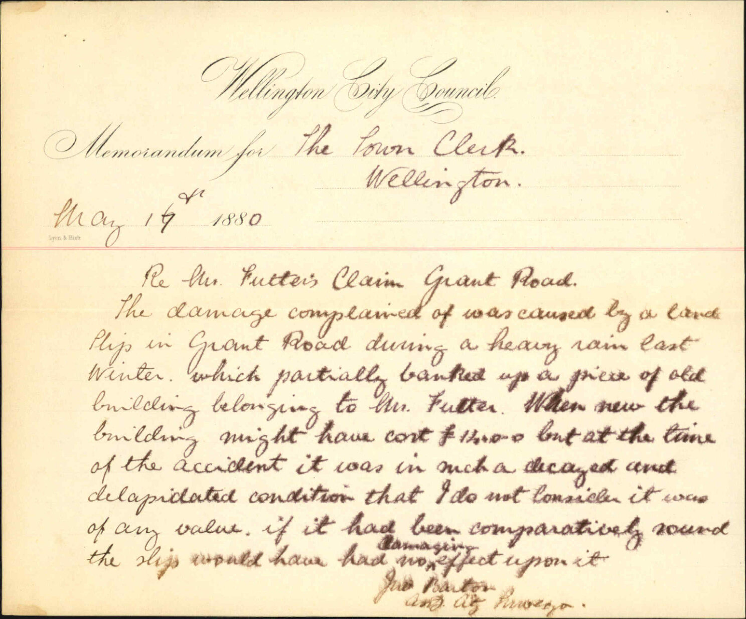 City Surveyor, regarding claim for damages by John Fulter regarding Grant Road land slip