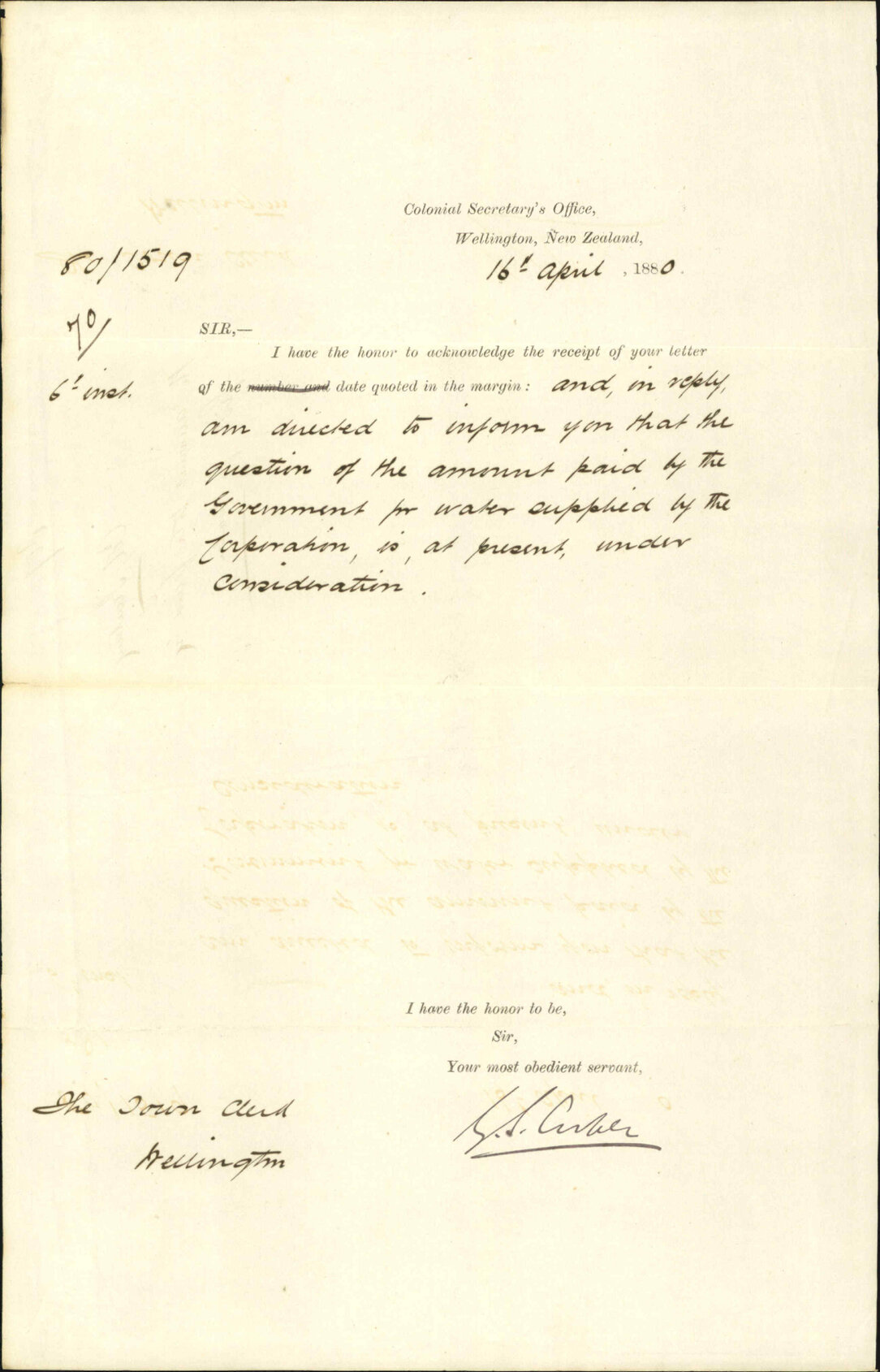 Colonial Secretary's Office, regarding cost of water supply