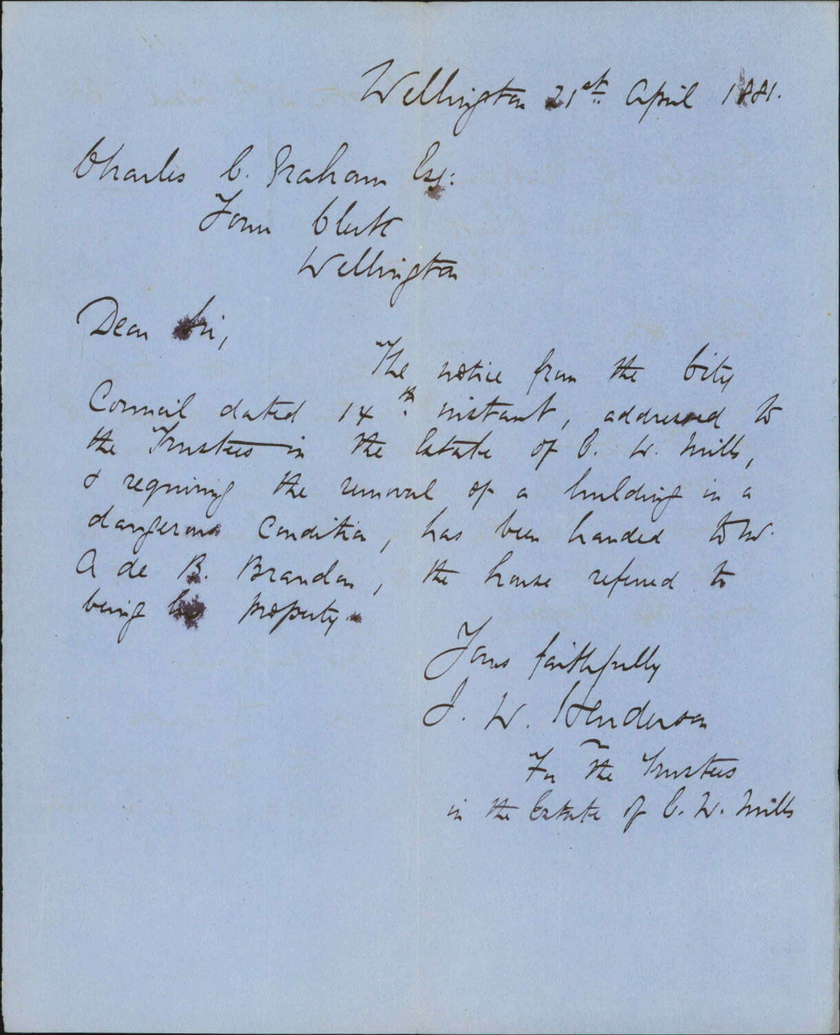 Trustees E W Willis, regarding removal of dangerous premises in Lambton Quay