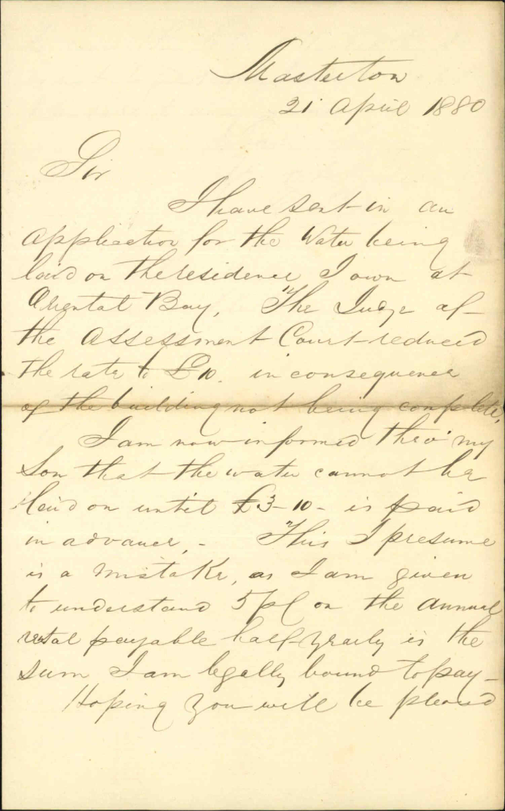 R Hare, regarding water to property Oriental Bay