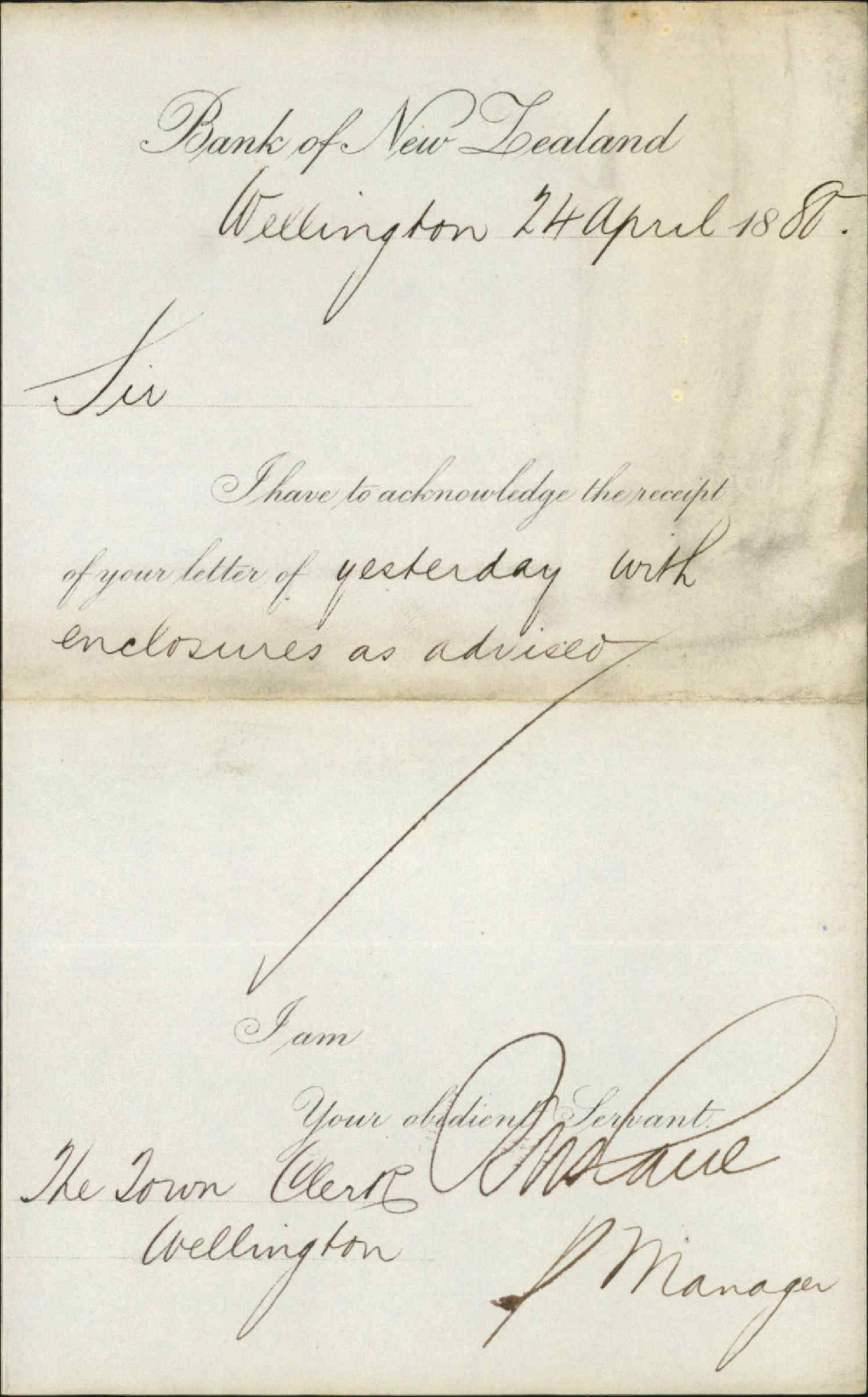 Bank of New Zealand, regarding receipt of letter