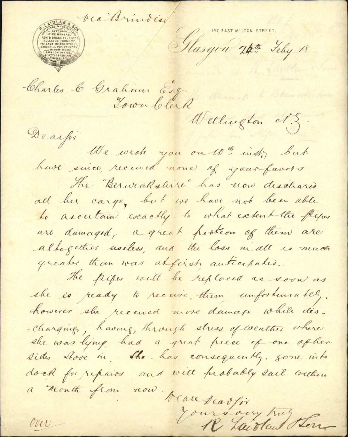 R Laidlaw and Son, regarding damage to "Berwickshire" and advising further shipment on "Algoa Bay"