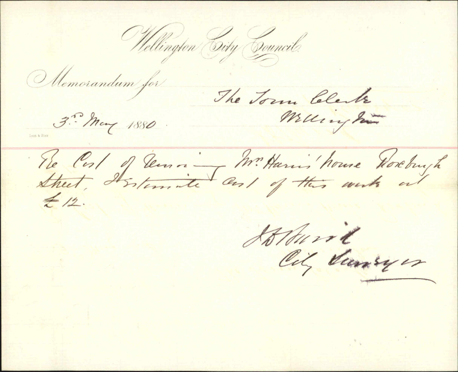 City Surveyor, regarding estimate for removal of Miss Harris' house in Roxburgh Street