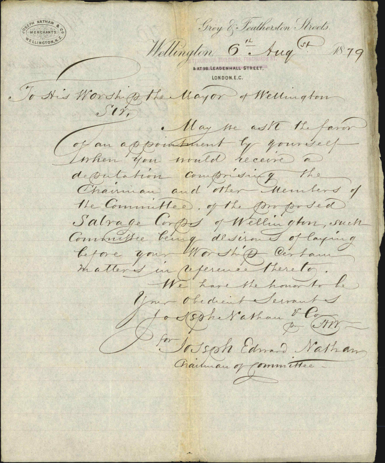 Re request for appointment to discuss the establishment of a Wellington Fire Salvage Corps - Joseph Edward Nathan